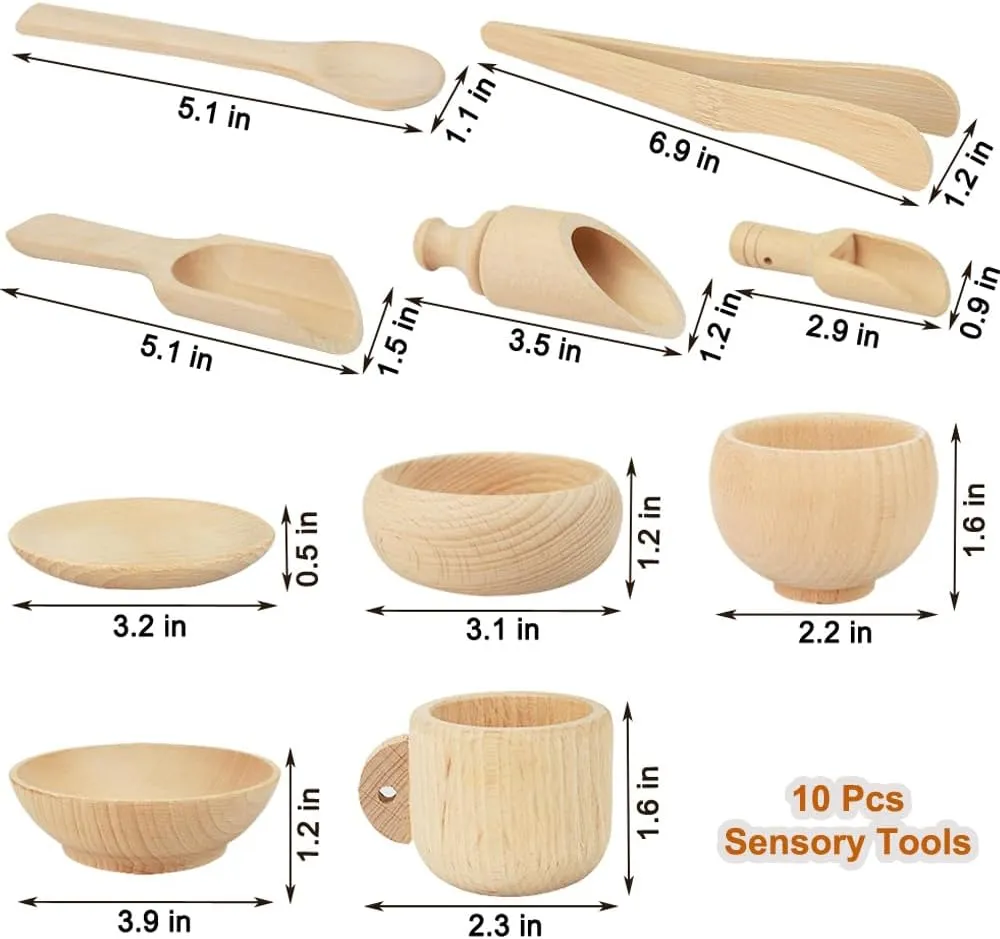 10 Pcs Wooden Sensory Bin Tools for Toddlers & Preschool Children, Montessori Sensory Wooden Toys Fine Motor Learning Pretend Play Sensory Tools for Kids