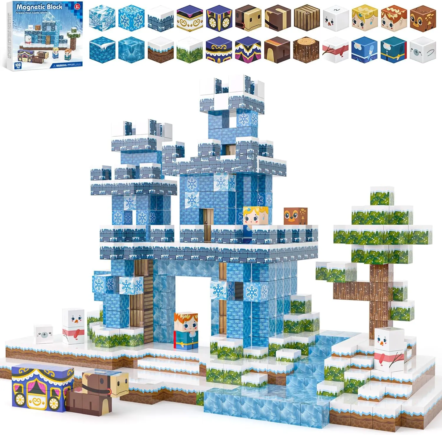 100PCS Magnetic Blocks, Magnetic Building Blocks for Kids Age 4-8, Magnet Blocks Sets for Frozen Princess Castle Build, Magnet Cubes Tiles Toys for Girls Age 3  Years Old Birthday Gift