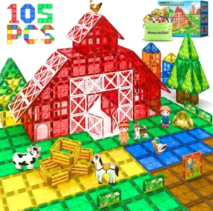 105PCS Magnetic Tiles with Farm Animals, Magnetic Blocks Building Toys for 3  Year Old Toddler, Construction STEM Magnet Toys Gift for Kids, Boys and Girls 3 4 5 6 7 8  Year Old