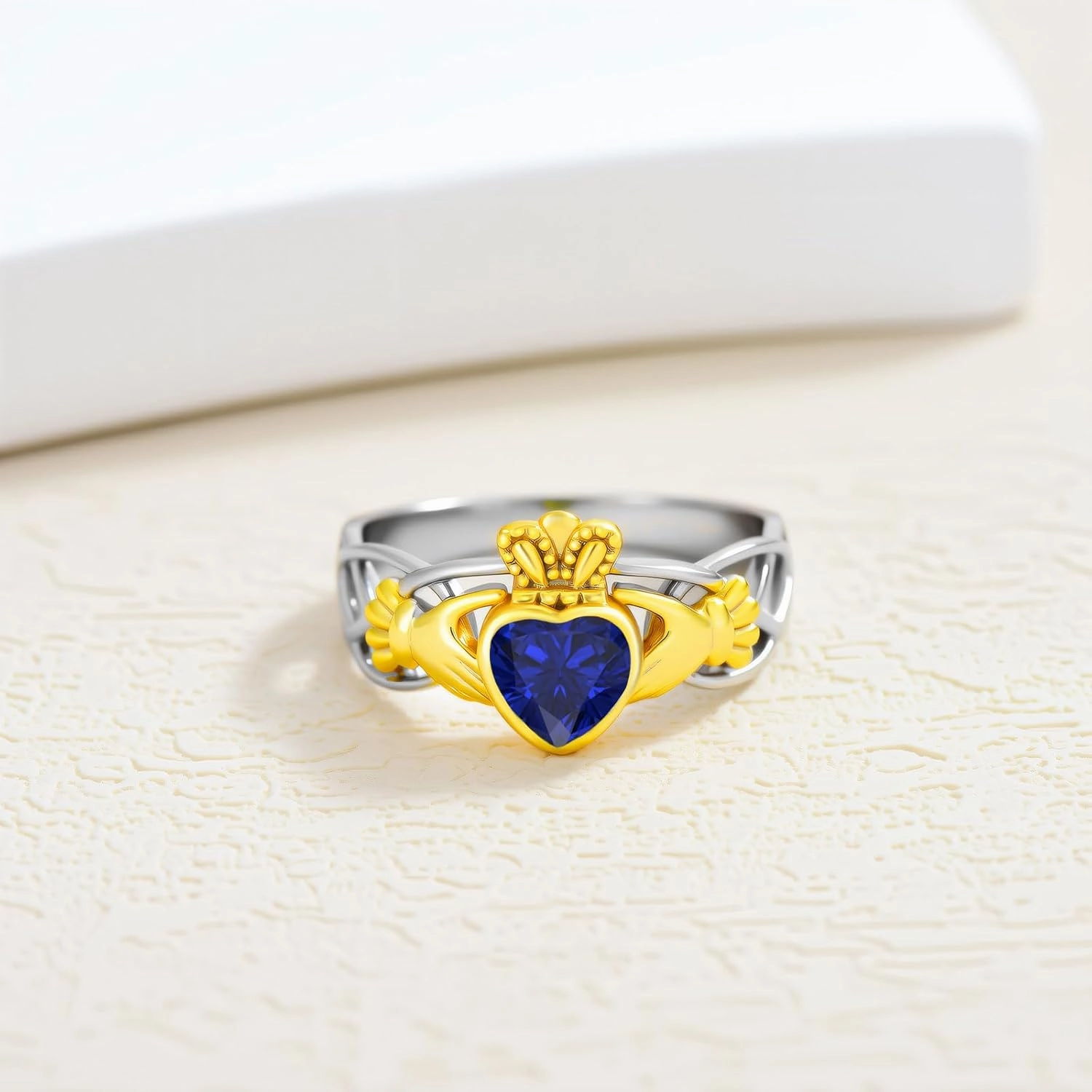 10K 14K 18K Gold Celtic Knot Claddagh Rings for Women with Gemstone Irish Heart Claddagh Birthstone Promise Ring Size 3-15
