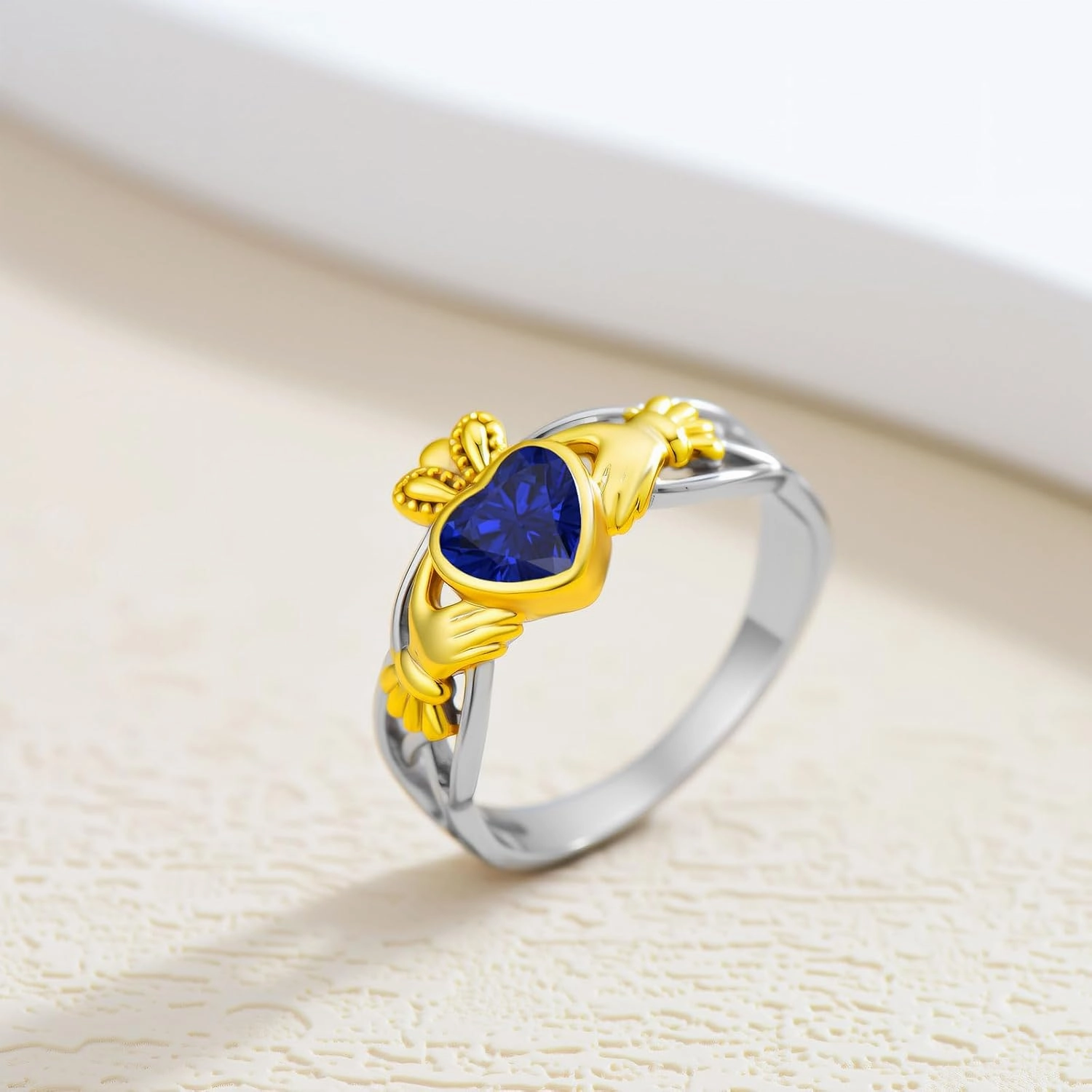 10K 14K 18K Gold Celtic Knot Claddagh Rings for Women with Gemstone Irish Heart Claddagh Birthstone Promise Ring Size 3-15