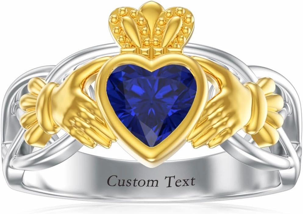 10K 14K 18K Gold Celtic Knot Claddagh Rings for Women with Gemstone Irish Heart Claddagh Birthstone Promise Ring Size 3-15