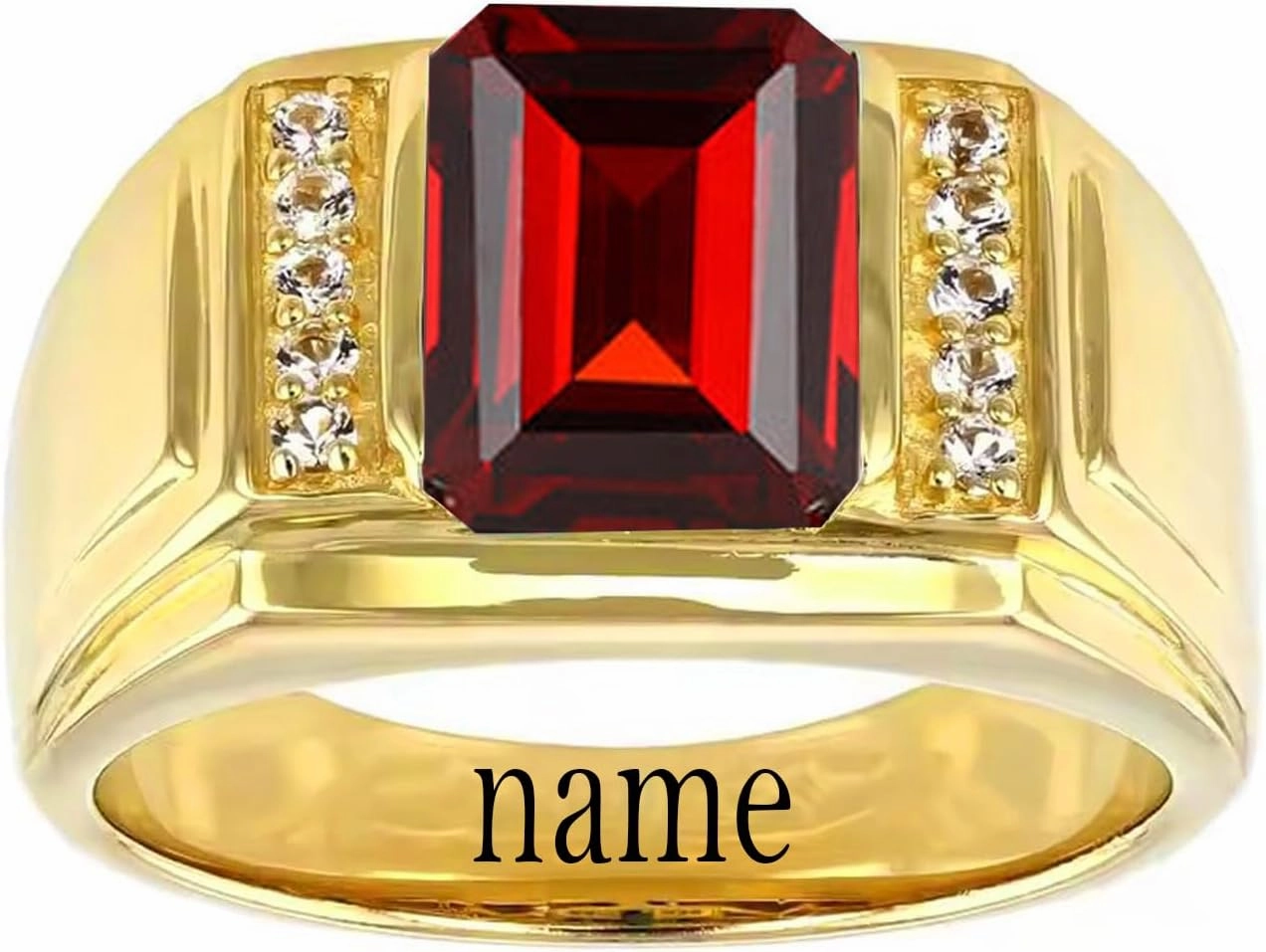 10K/14K/18K Solid Gold Garnet Men's Rings Yellow Gold Man Emerald Shaped Red Garnet Chunky Signet Luxury Anniversary Rings Engagement Ring Band for Men Him Size 4-16