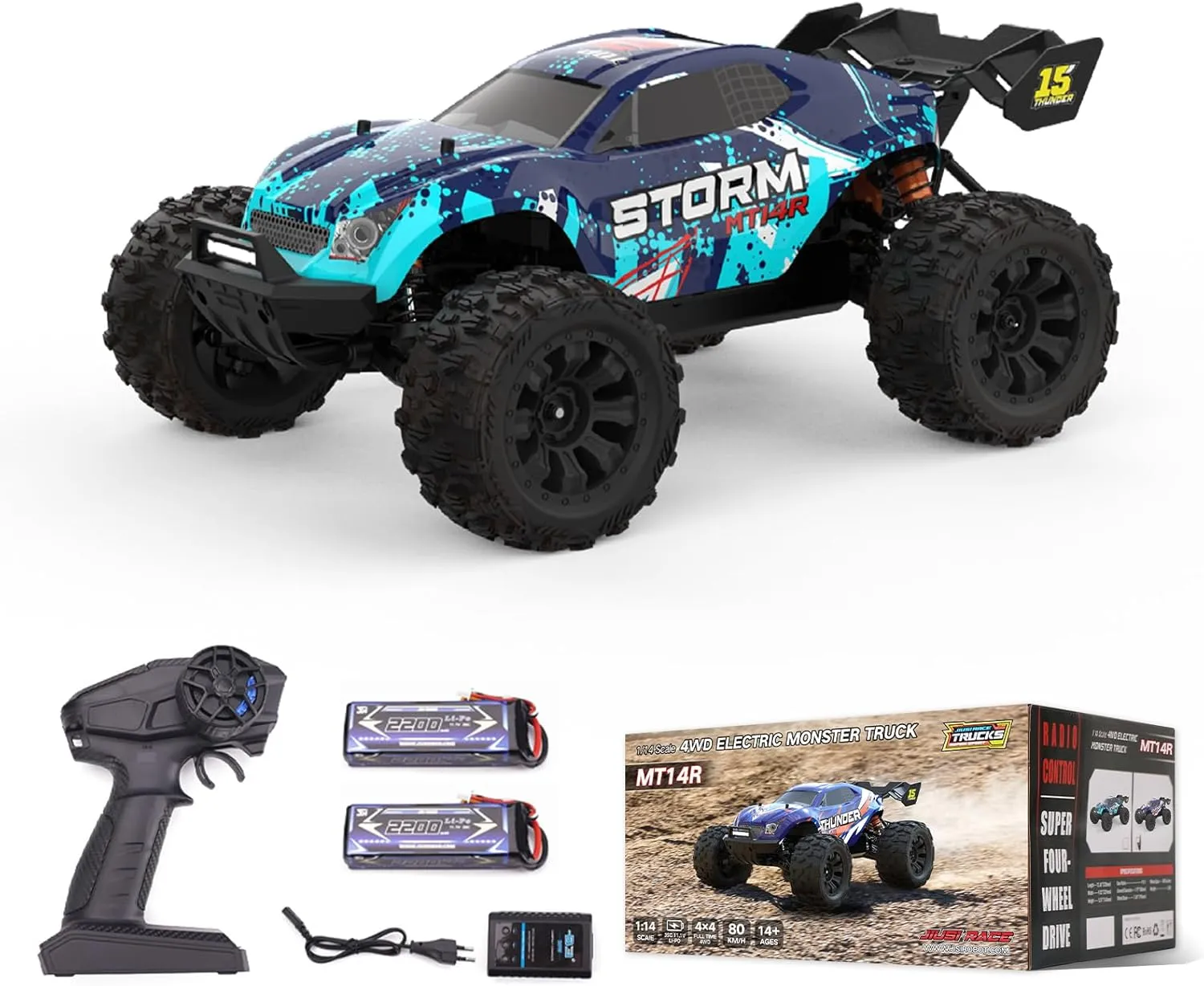 1:14 RC Car 3S 80km/h, with 2.4 GHz Remote Control and Two Rechargeable Batteries, 4X4 Waterproof RC Cars, with tailplane and tailplane Bracket for Adults and Teen Boy Gifts (MT14R Pale Blue)
