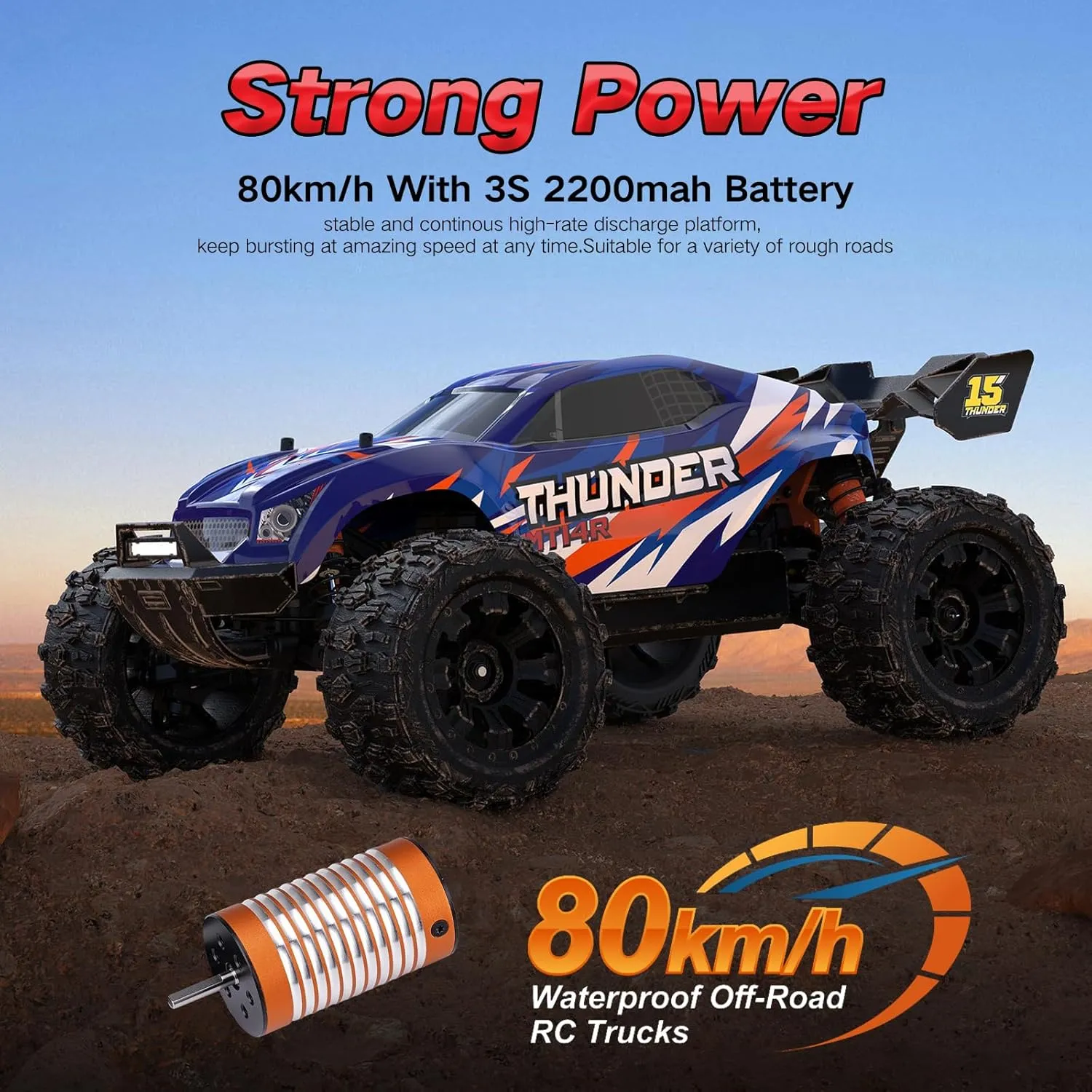 1:14 RC Car 3S 80km/h, with 2.4 GHz Remote Control and Two Rechargeable Batteries, 4X4 Waterproof RC Cars, with tailplane and tailplane Bracket for Adults and Teen Boy Gifts (MT14R Pale Blue)