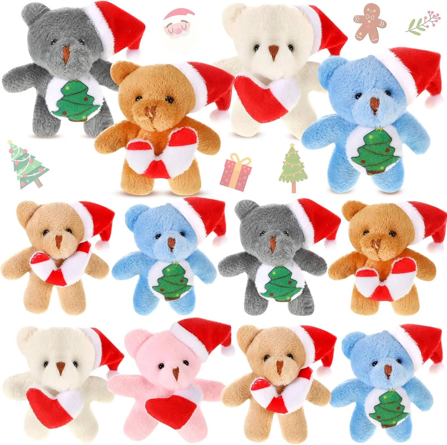 12 Pcs Christmas Classroom Gifts for Kids Christmas Mini Bears Stuffed Animals Bulk 2.8 Inches Xmas Small Bear Plush Toys with Santa Hat for Christmas Party Favors Stocking Fillers