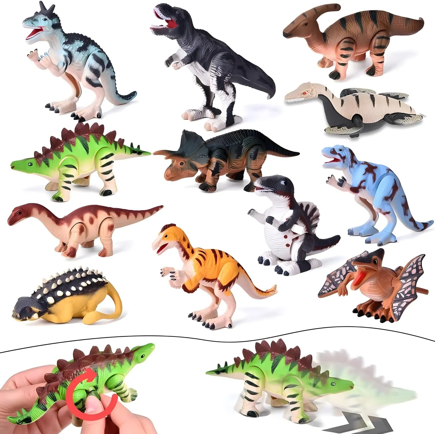 12 PCS Dinosaur Wind Up Toys for Kids, Assorted Clockwork Animal Toys Jumping Walking Toys Bulk for Dino Theme Birthday Halloween Christmas Party Supplies Favors Gifts Stocking Stuffers (#A)