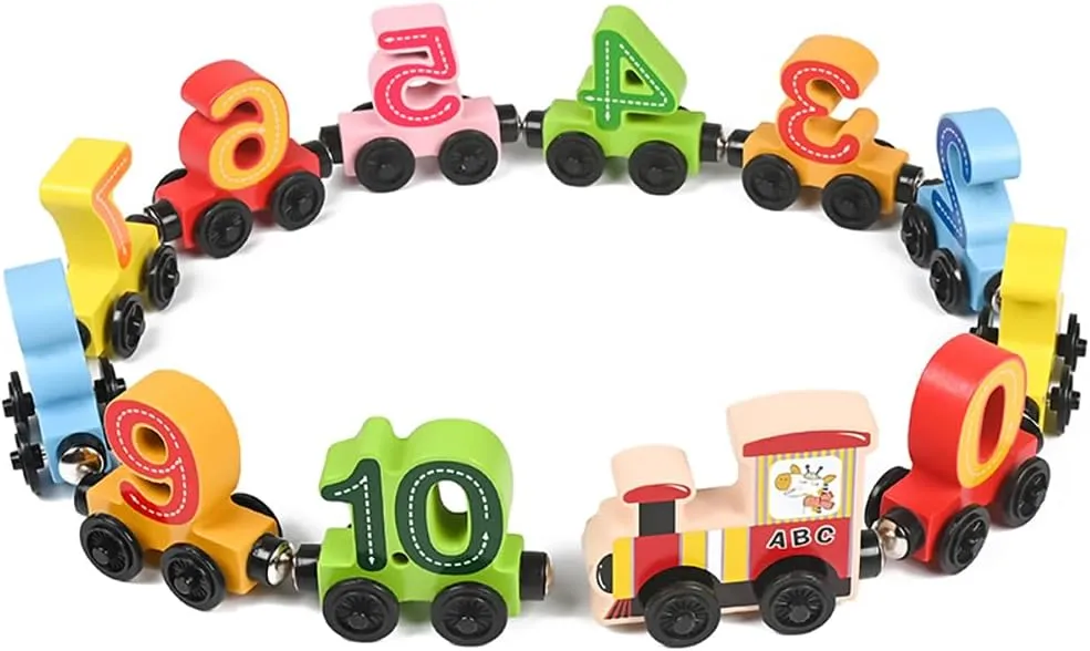 12 PCS Wooden Number Train Set for Toddlers – Magnetic Wooden Train with Numbers 0-10 & Engine – Educational Montessori Toy for Kids, Compatible with Track Toys, Gifts for Boys & Girls Age 3 