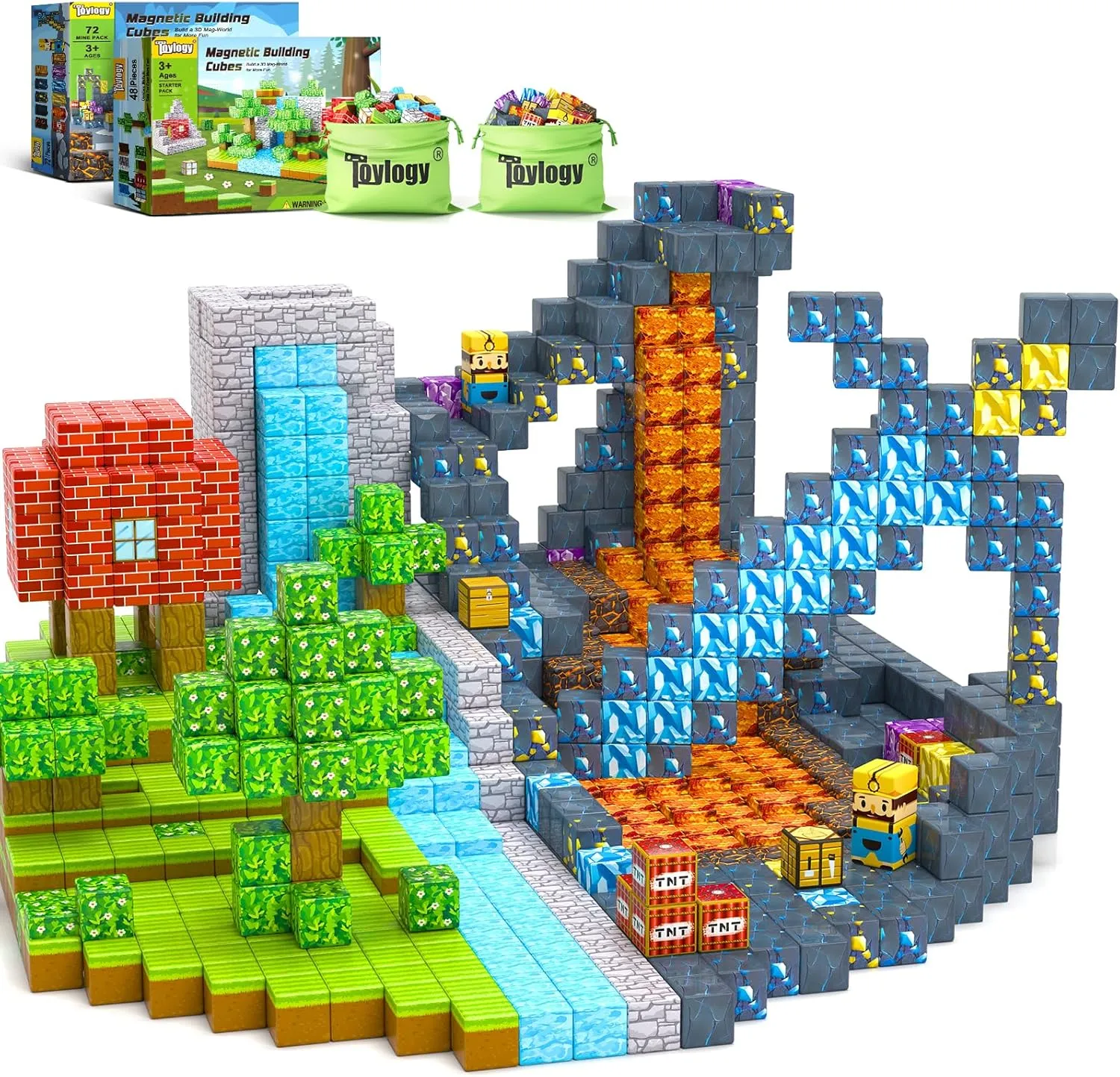 120PCS Magnetic Blocks-Build Mine Magnet World Set for Boys & Girls Age 3-5 6-8, STEM Sensory Toys for Toddlers Gifts for 3  Years Old Girls Boys