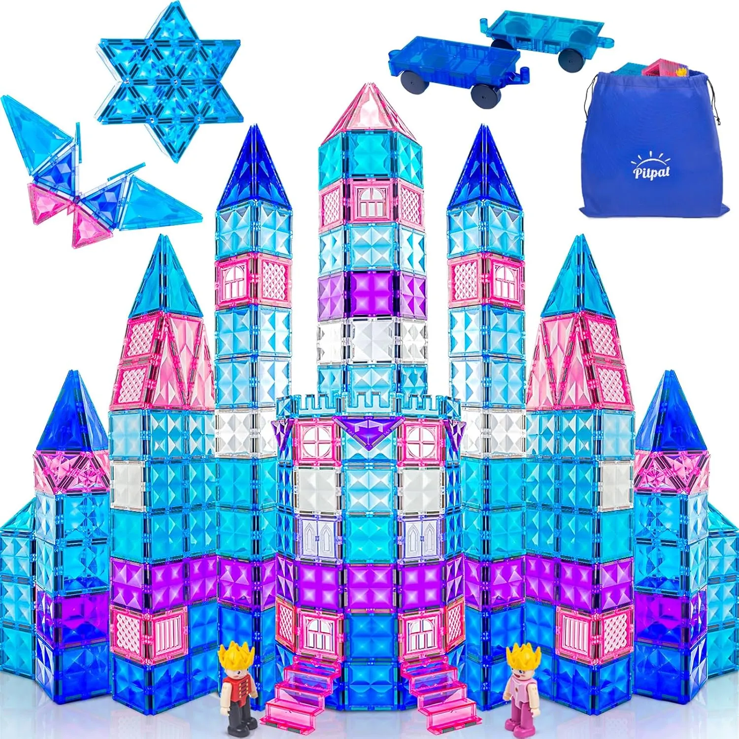 128 pcs Magnetic Tiles for Kids with 2 Cars and Storage Bag, Magnet Blocks Building Set with Stronger Magnets, Magnetic Shapes for Kids 3  Years
