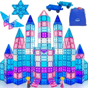 128 pcs Magnetic Tiles for Kids with 2 Cars and Storage Bag, Magnet Blocks Building Set with Stronger Magnets, Magnetic Shapes for Kids 3  Years