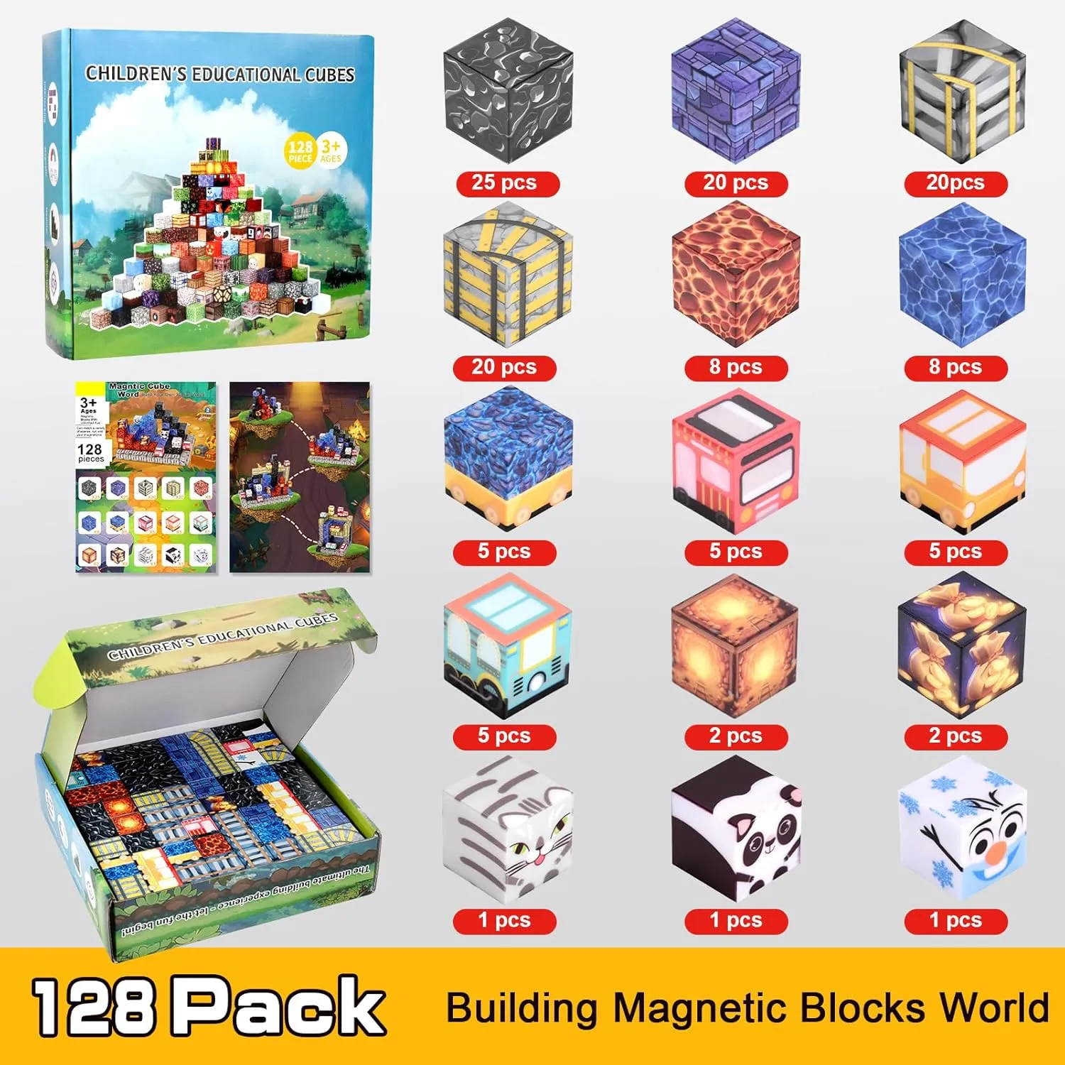 128Pcs Magnetic Blocks - Creative Building Blocks for Toddlers, Educational Magnetic Cubes Toys, Sensory Kids Building Toys for Boys & Girls 3-8 Years Old, Perfect for Christmas & Birthday Gifts