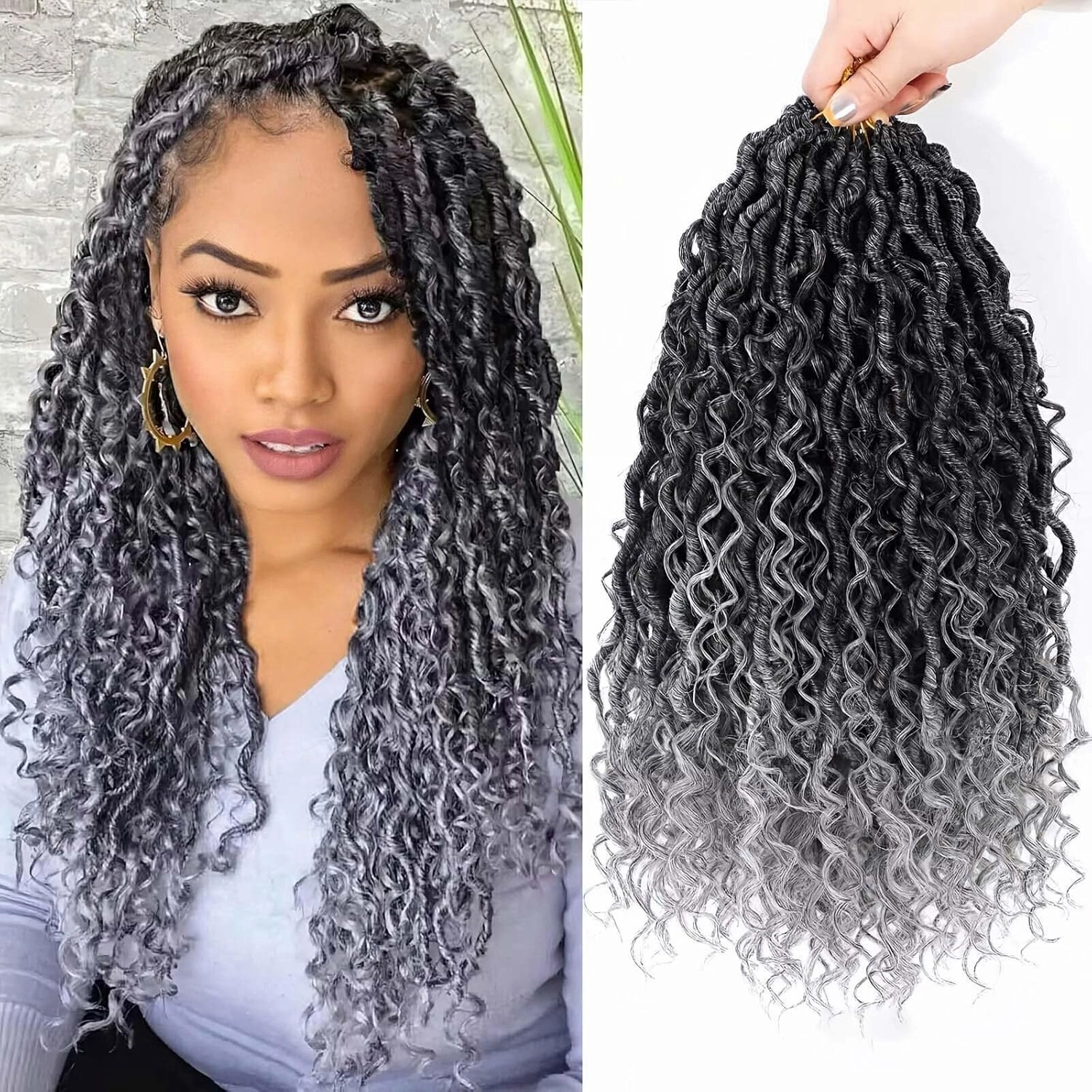 12 Inch 8 Packs Goddess Locs Crochet Hair Faux Locs Crochet Hair for Women Pre Looped River Locs Hair with Curly Ends Synthetic (12 Inch 8 Packs, #1B/Grey)