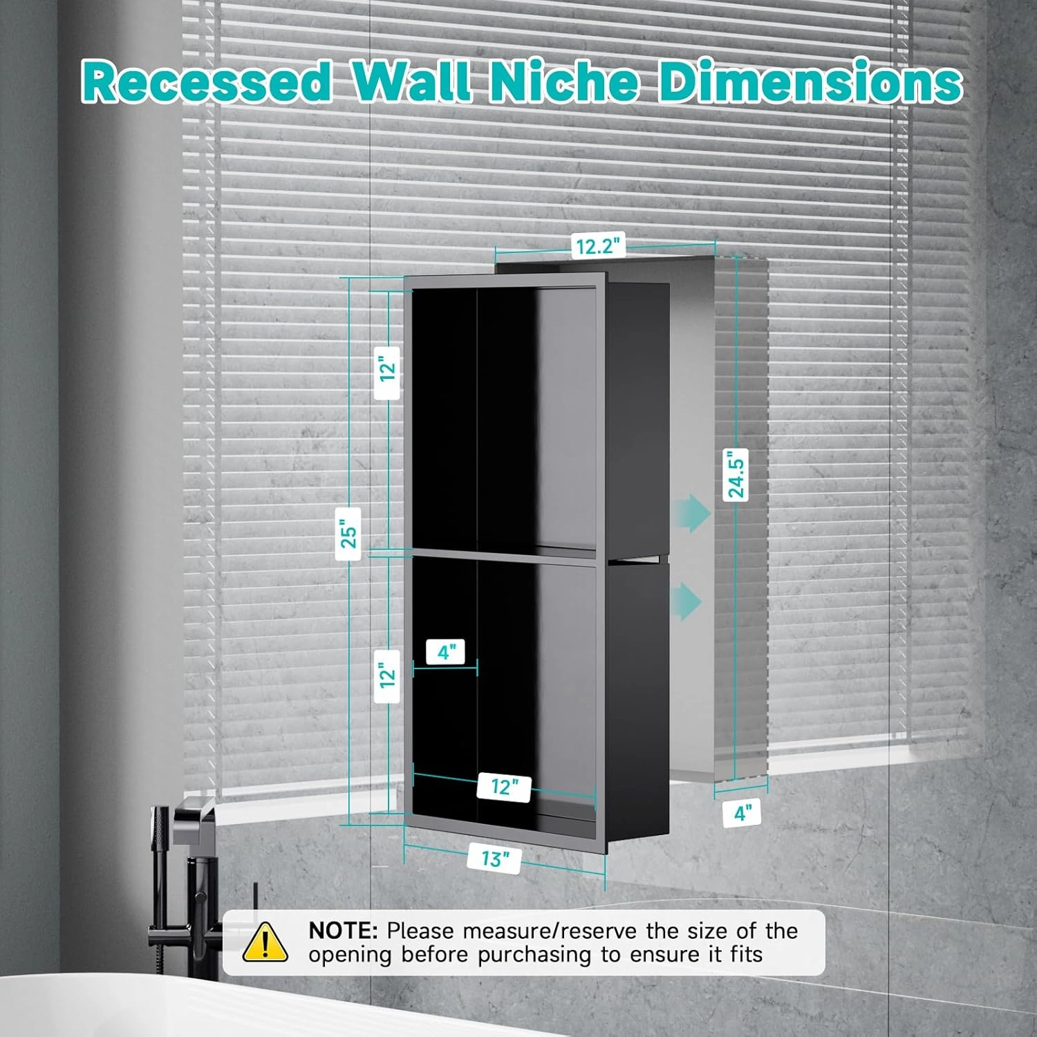12" X 24" Stainless Steel Shower Niche with Partition, Black Double Shelves Recessed Shower Niche No Tile Needed for Bathroom/Bedroom Storage Over Mount Installation