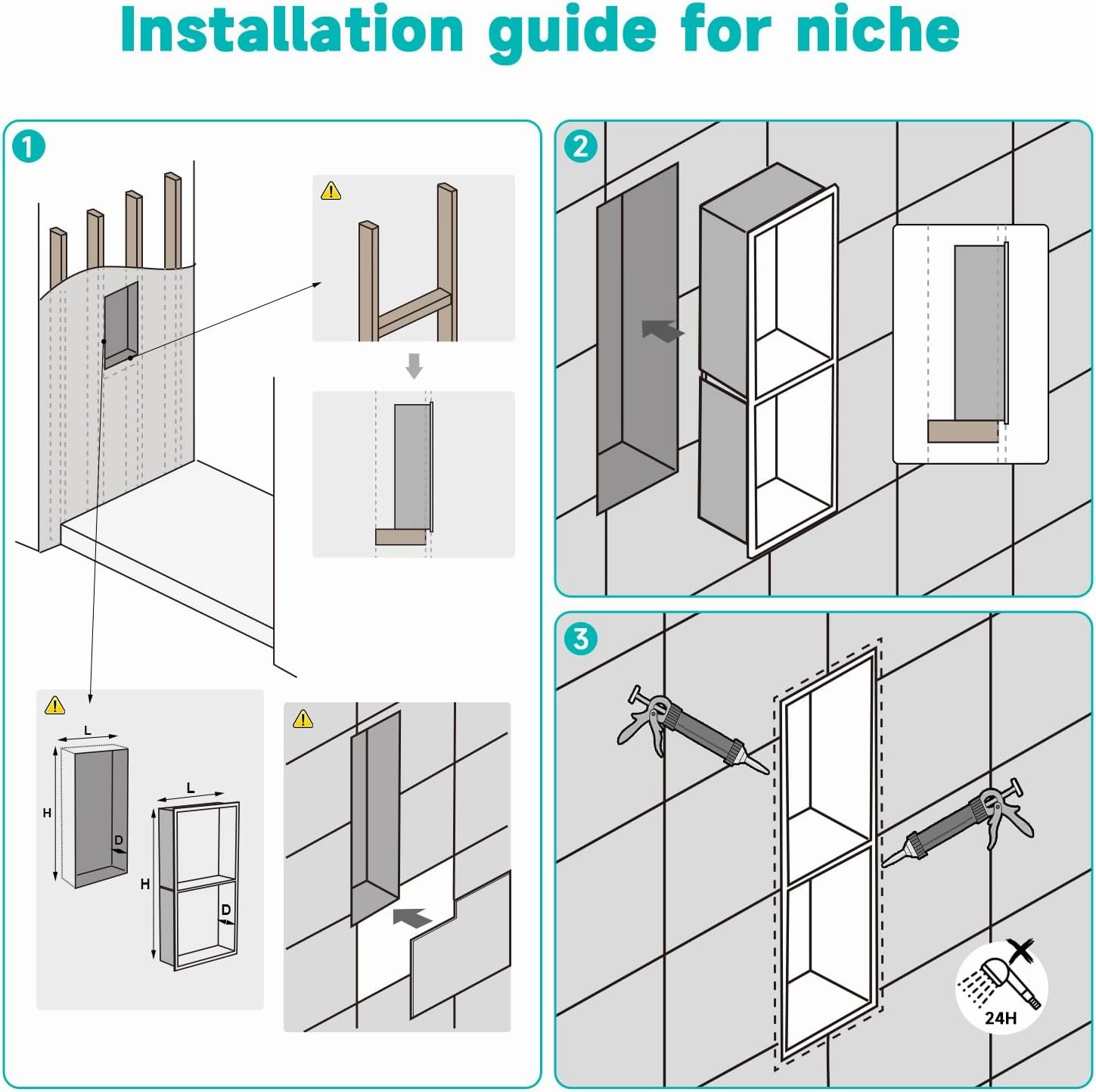 12" X 24" Stainless Steel Shower Niche with Partition, Black Double Shelves Recessed Shower Niche No Tile Needed for Bathroom/Bedroom Storage Over Mount Installation