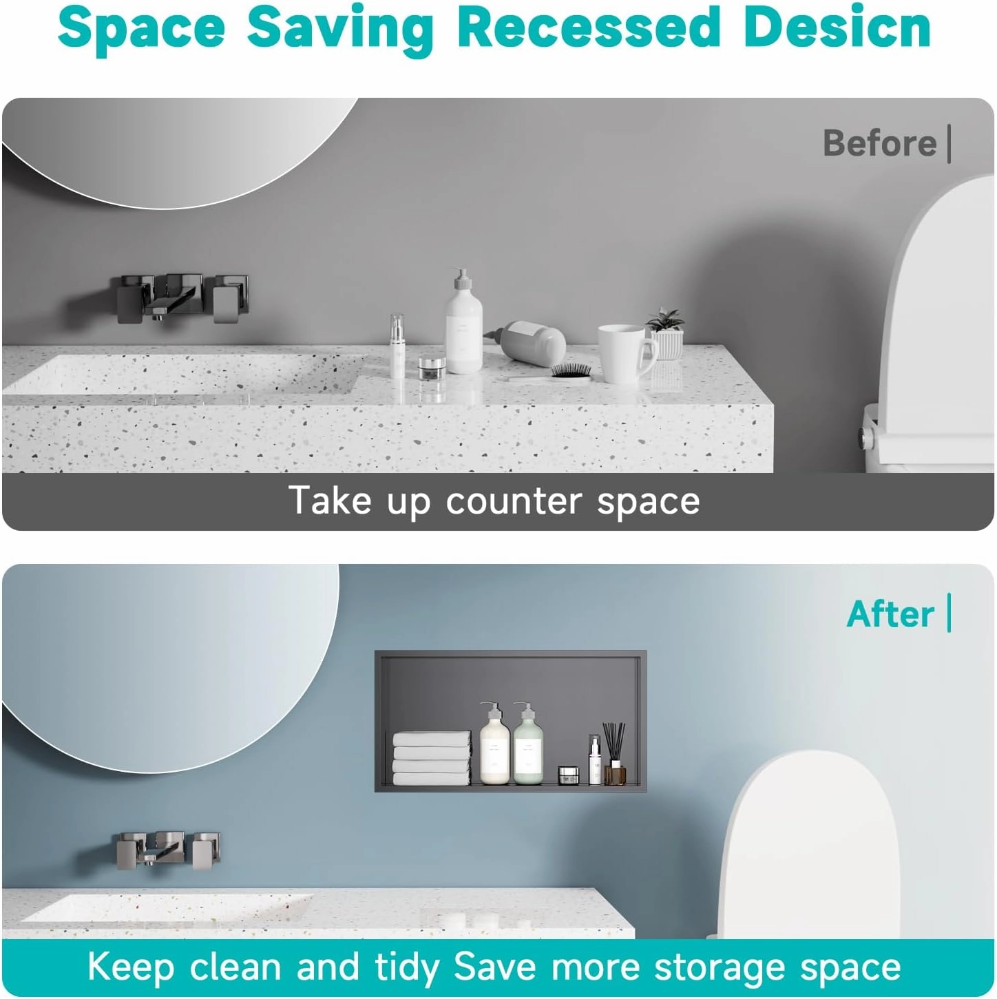 12" X 24" Stainless Steel Shower Niche with Partition, Black Double Shelves Recessed Shower Niche No Tile Needed for Bathroom/Bedroom Storage Over Mount Installation