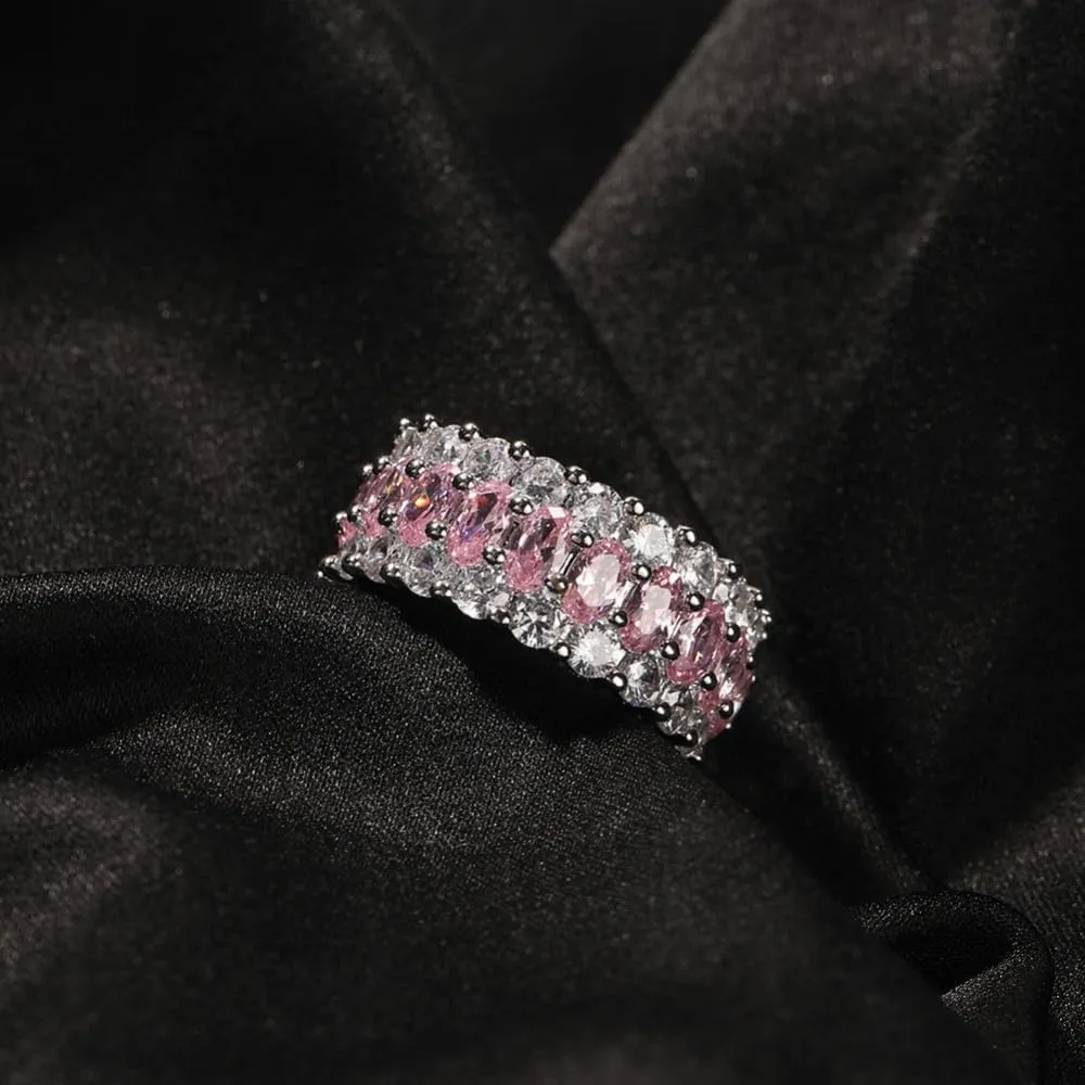 14K Gold Pink Oval Moissanite Band Ring, Triple-Row Moissanite Wedding Rings, Best Jewelry Gift for Women