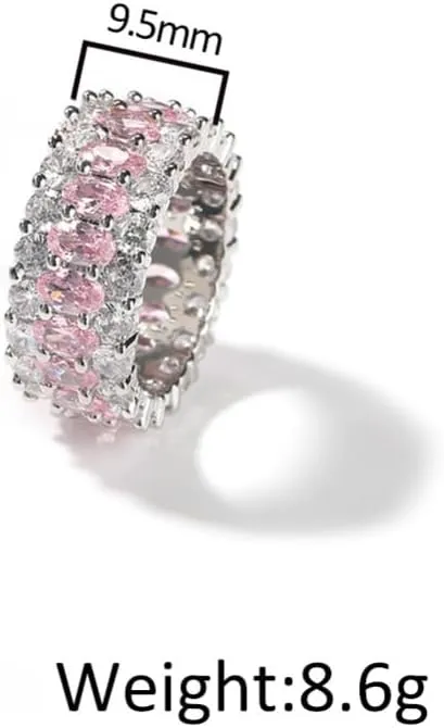 14K Gold Pink Oval Moissanite Band Ring, Triple-Row Moissanite Wedding Rings, Best Jewelry Gift for Women