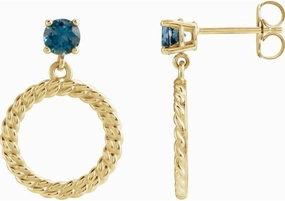 14K Yellow Gold Round 4 Mm Natural London Blue Topaz Chain Link Earrings