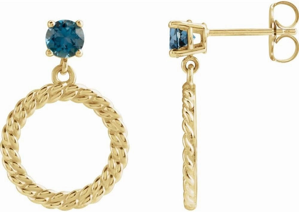 14K Yellow Gold Round 4 Mm Natural London Blue Topaz Chain Link Earrings