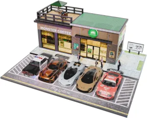 1/64 Diorama Garage, Model car Garage and Display case, Coffee House Diorama Display Parking lot with LED Lights and 5 Outdoor Parking Spaces for Toy car Collectors
