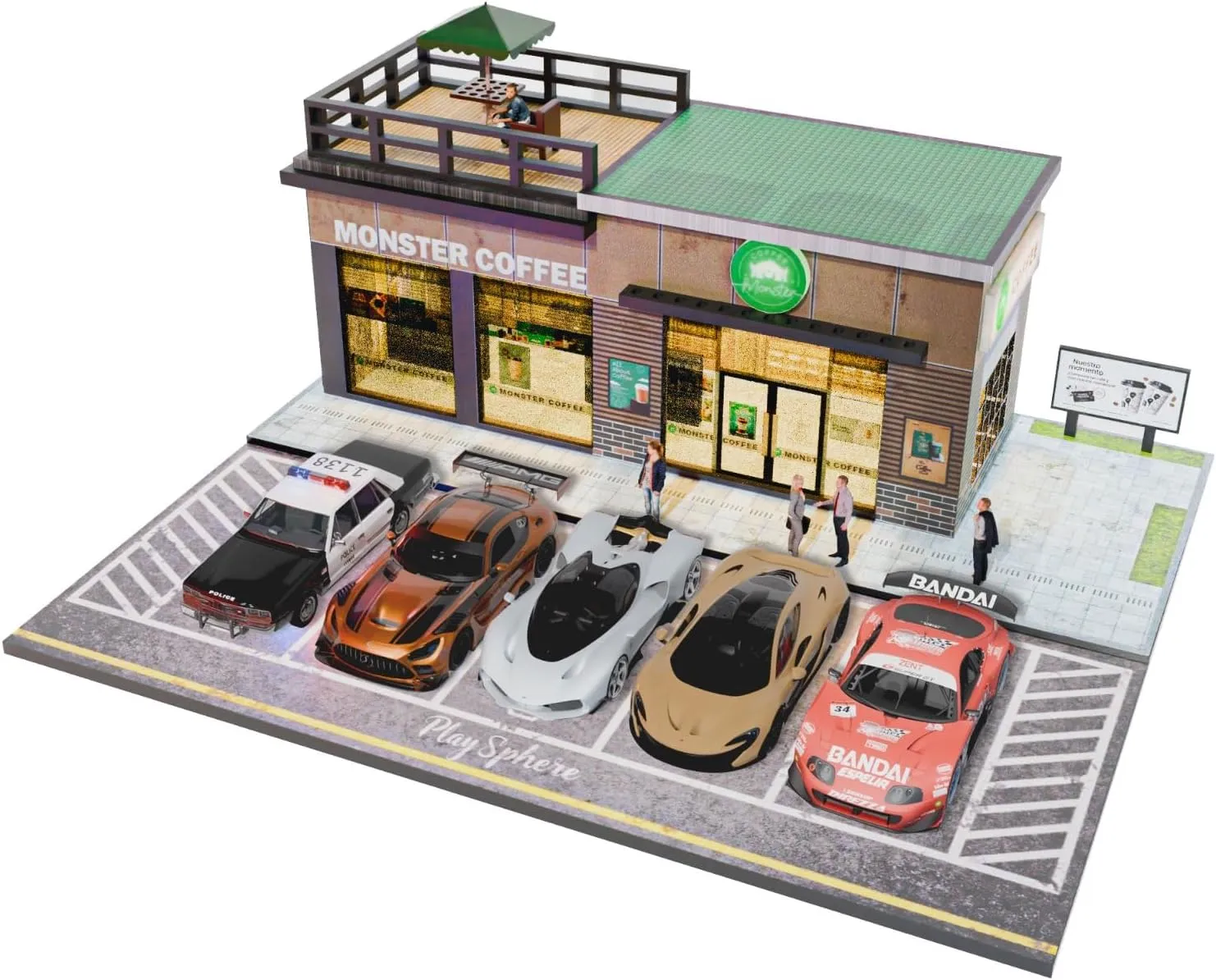 1/64 Diorama Garage, Model car Garage and Display case, Coffee House Diorama Display Parking lot with LED Lights and 5 Outdoor Parking Spaces for Toy car Collectors