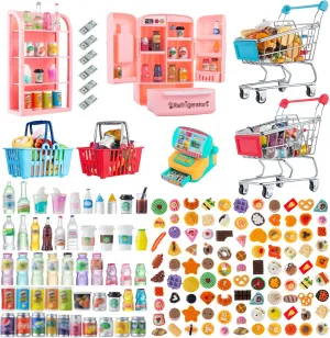 164Pcs Mini Shopping Cart Basket Miniature Food Drink Toy Supermarket Metal Handcart Trolley DollHouse Store Grocery Accessories Kitchen Play Game Party Model Shelves Cash Register Refrigerator Fridge