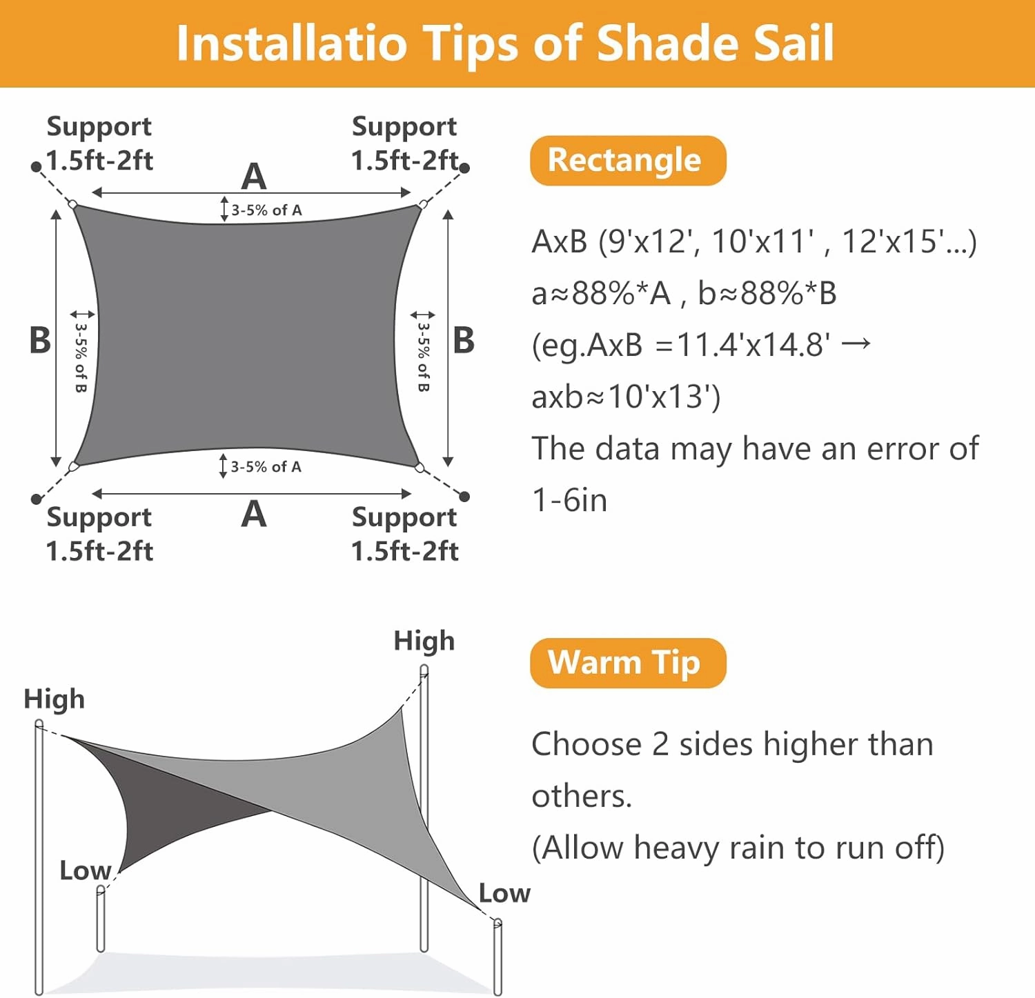 16'x20' Rectangle Sun Shade Sail, Outdoor Patio Sunshade Canopy Permeable Shade Sails UV Block Sun Cover for Backyard, Garden, Porch, Sand
