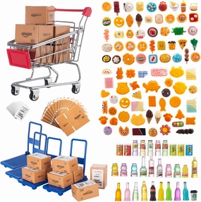 175PCS Miniature Courier Box Set Shopping Mall Shipping Boxes Mini Supermarket Handcart Models 1:12 Food Drink Bottles Cans Dollhouse Pretend Play Kitchen Game Party Accessories Toys Doll House