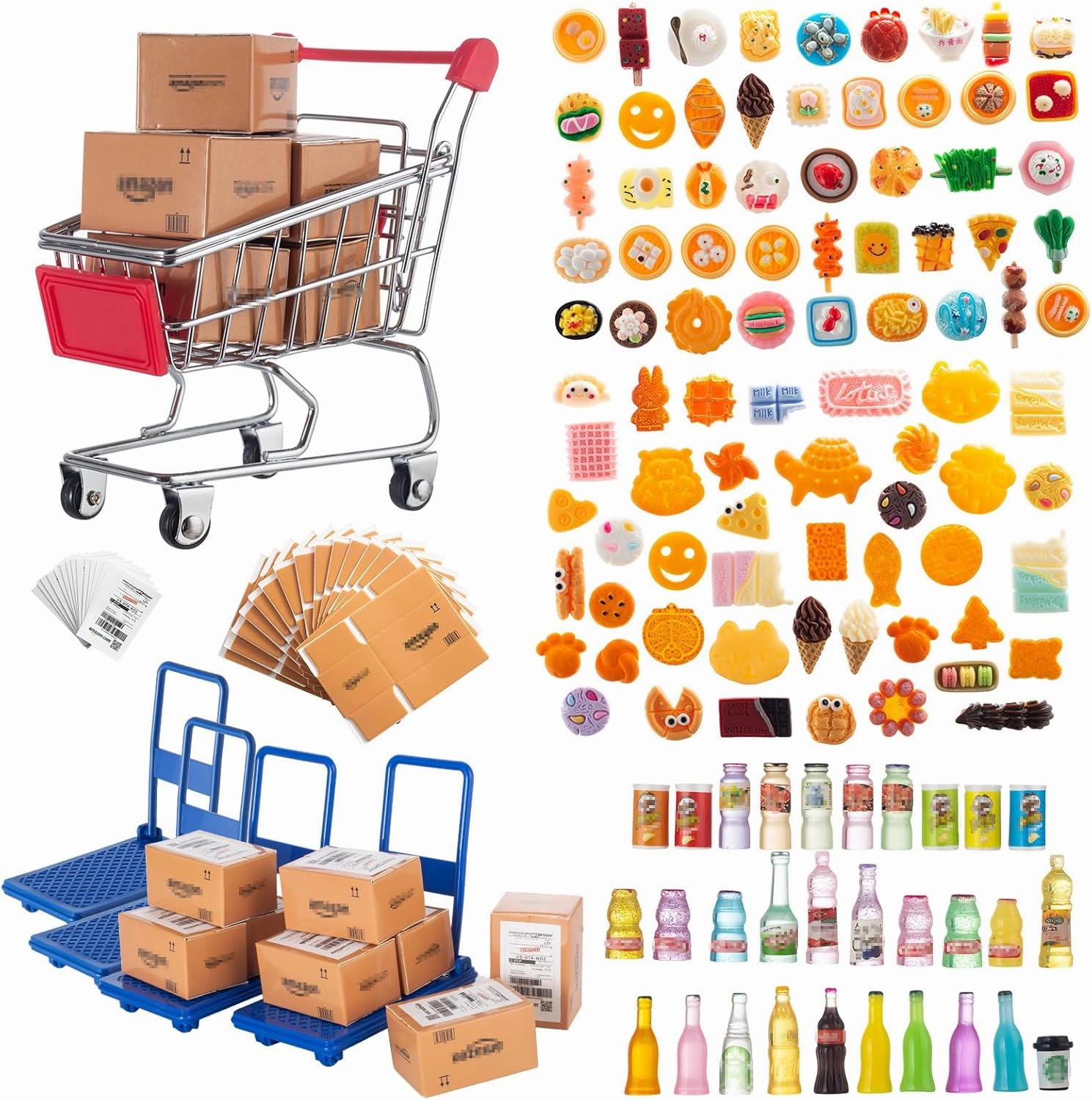 175PCS Miniature Courier Box Set Shopping Mall Shipping Boxes Mini Supermarket Handcart Models 1:12 Food Drink Bottles Cans Dollhouse Pretend Play Kitchen Game Party Accessories Toys Doll House