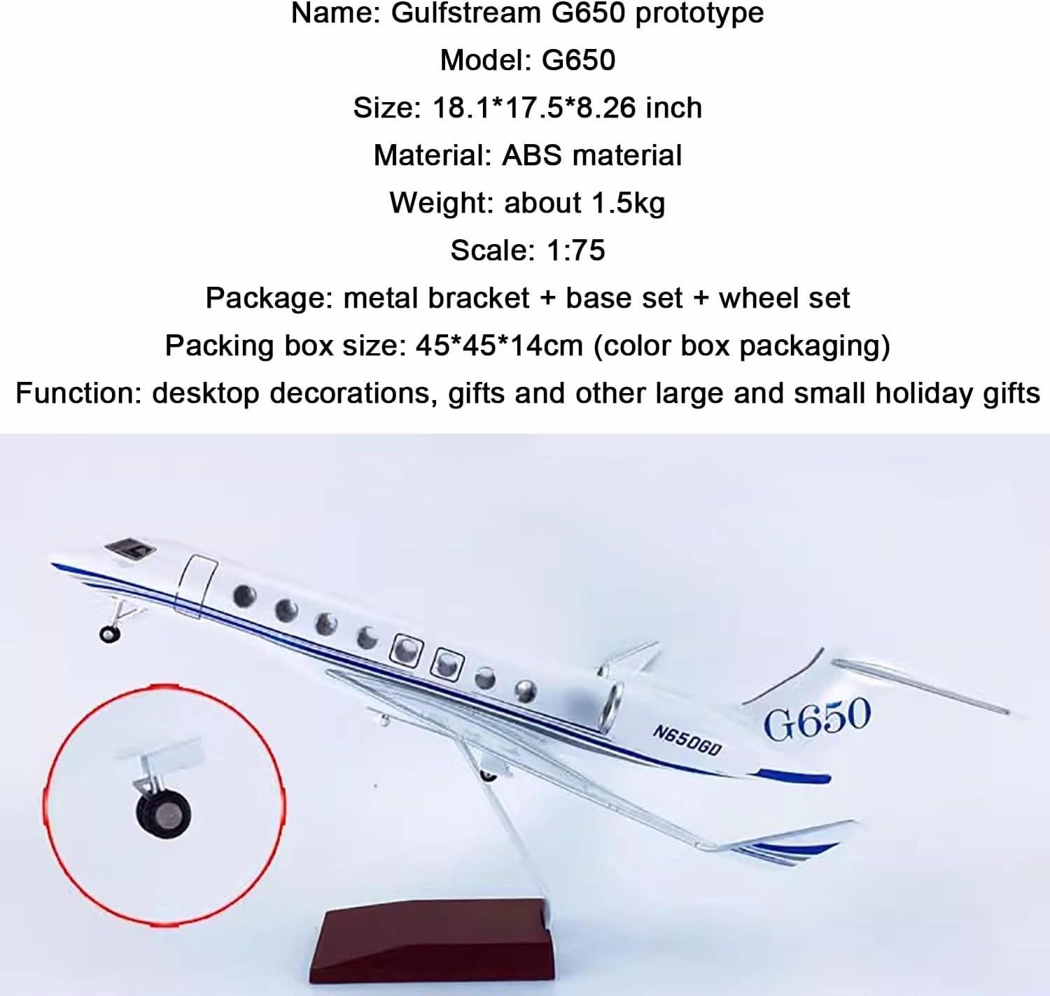 17.7' 1:50 Scale Gulfstream G650 Airplane Model, Diecast Business Jet, ABS Plastic Resin Alloy, LED-Upgraded, Collectibles Gift for Adults & Aviation Enthusiasts