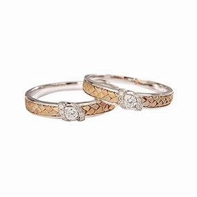 18k 2-Tone Gold Diamond Basket Weave Ring, Diamond Crossing Waves Wedding Band, His Hers Wedding Rings, Couple Rings, Gift For Her, All Size, Wholesale Available