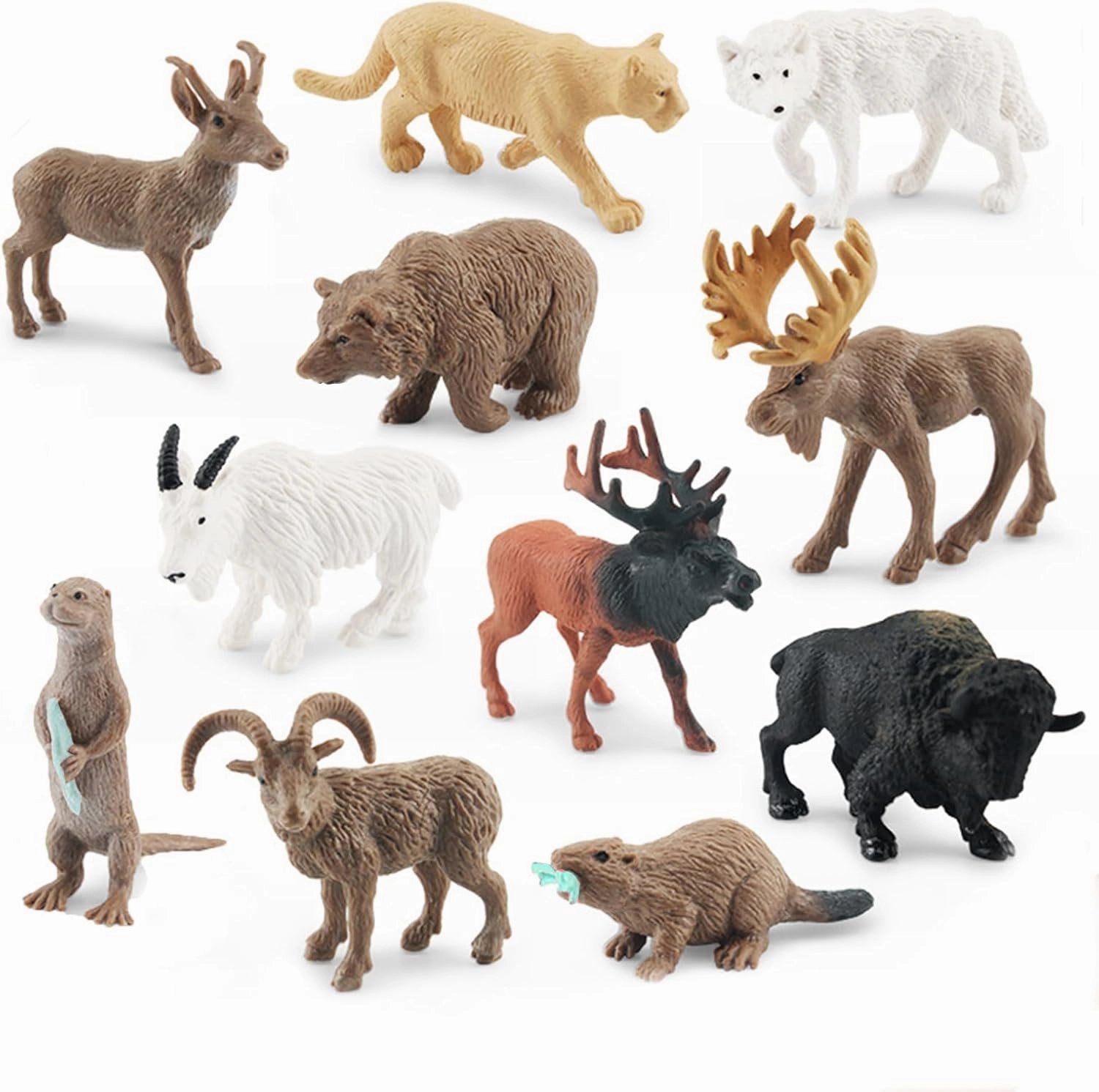 1-2 Inch North American Animals Set Mini Wild Animals Figurines Set Plastic Wolf Figure Moose Figure Toy Gift for Kid Toddlers Raccoon Animals Cake Topper