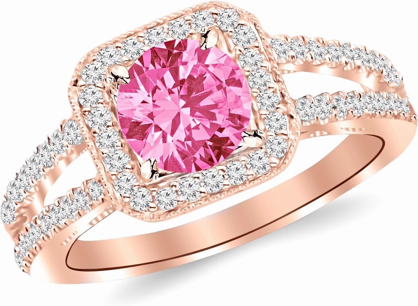 1.47 Carat 14K White Gold Designer Split Shank Halo Style With Milgrain Diamond Engagement Ring with a 1 Carat Natural Pink Sapphire Center (Heirloom Quality)