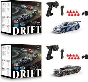 2 Pcs RC Drift Car, 1/43 Scale 2.4GHz Full Proportional Mini RC Remote Control Sports Car, 4WD High Speed Race Car with Lights, Racing Tires, RC Model Cars Toy Gift for Adults, Kids, Boys, Girls