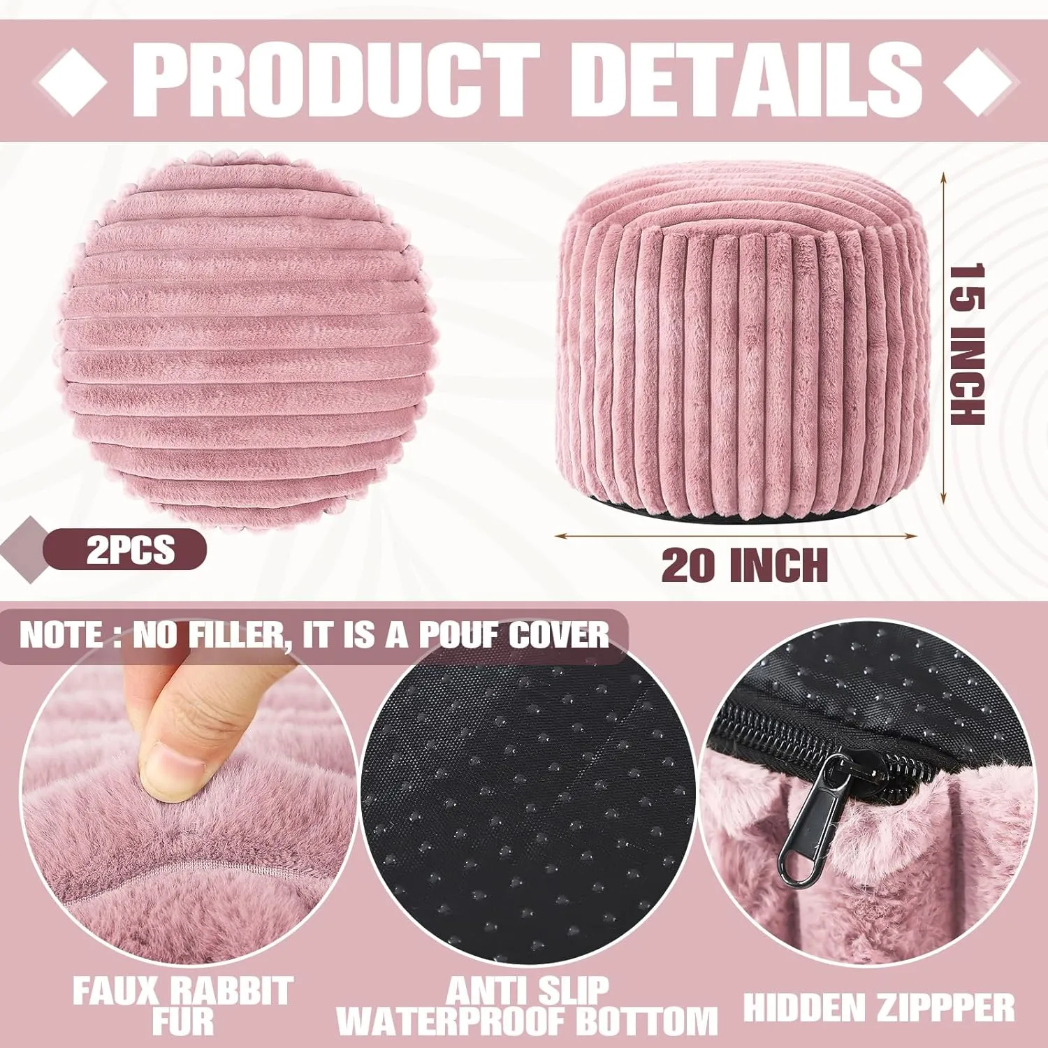 2 Pcs Unstuffed Pouf Cover Ottoman Foot Rest Faux Rabbit Fur Foot Stool Floor Bean Bag Floor Chair Storage for Living Room Bedroom Home Decor, No Filler(Pink,20 x 15 in)