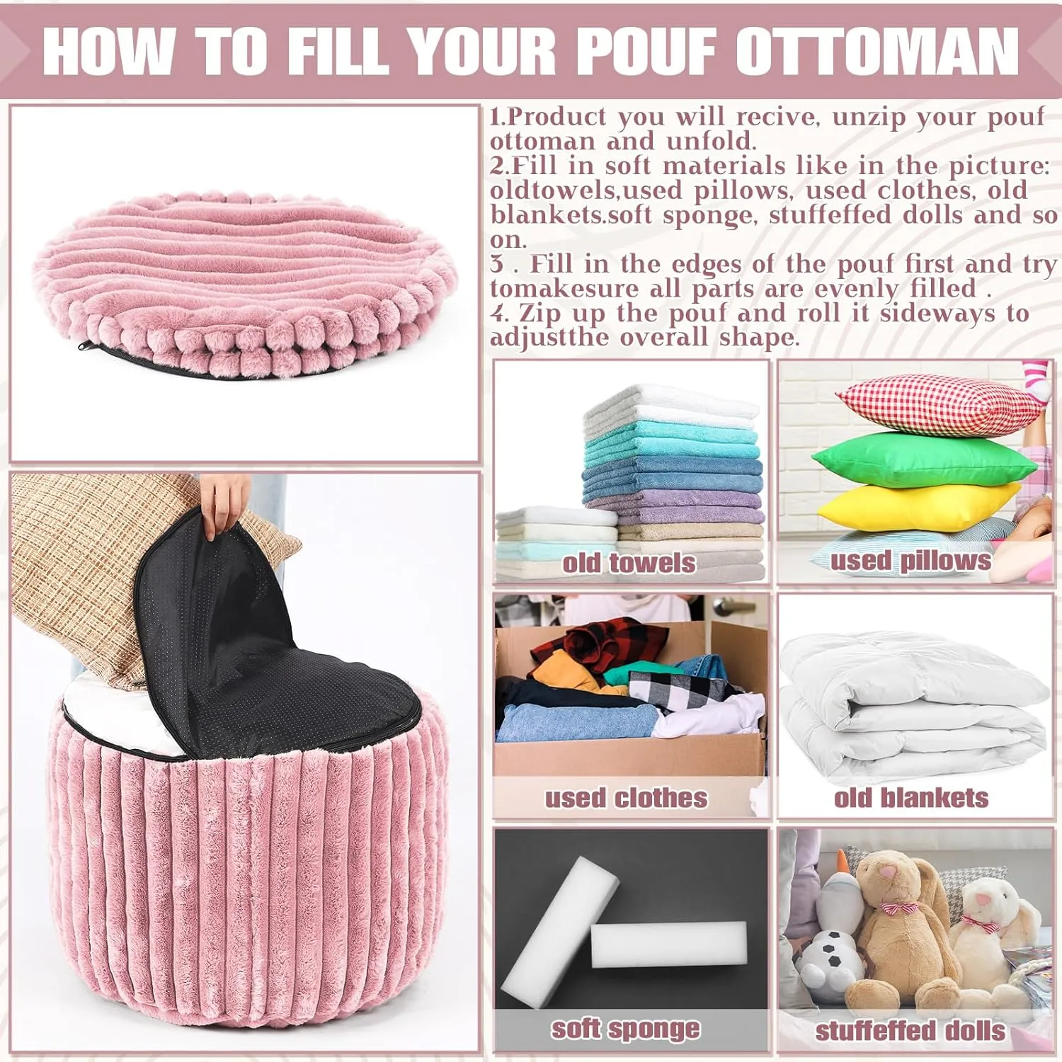 2 Pcs Unstuffed Pouf Cover Ottoman Foot Rest Faux Rabbit Fur Foot Stool Floor Bean Bag Floor Chair Storage for Living Room Bedroom Home Decor, No Filler(Pink,20 x 15 in)
