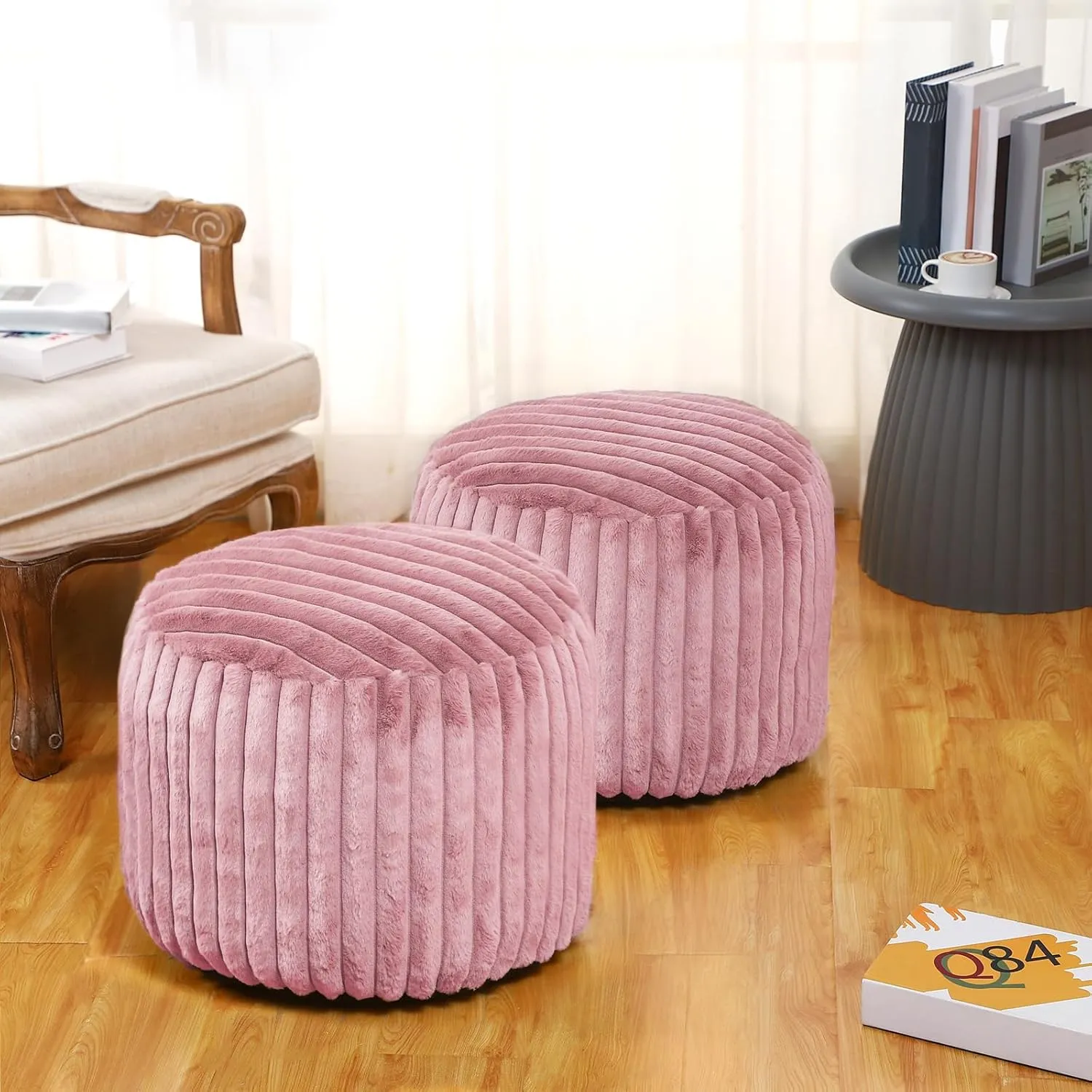 2 Pcs Unstuffed Pouf Cover Ottoman Foot Rest Faux Rabbit Fur Foot Stool Floor Bean Bag Floor Chair Storage for Living Room Bedroom Home Decor, No Filler(Pink,20 x 15 in)