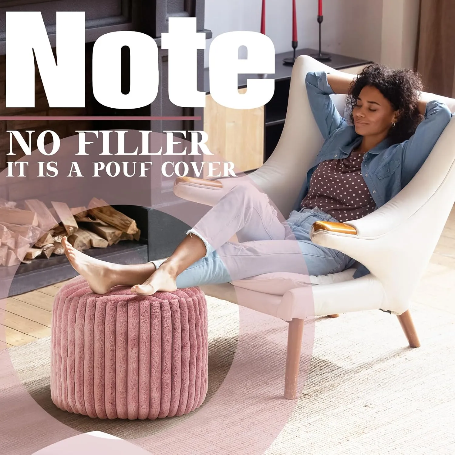 2 Pcs Unstuffed Pouf Cover Ottoman Foot Rest Faux Rabbit Fur Foot Stool Floor Bean Bag Floor Chair Storage for Living Room Bedroom Home Decor, No Filler(Pink,20 x 15 in)