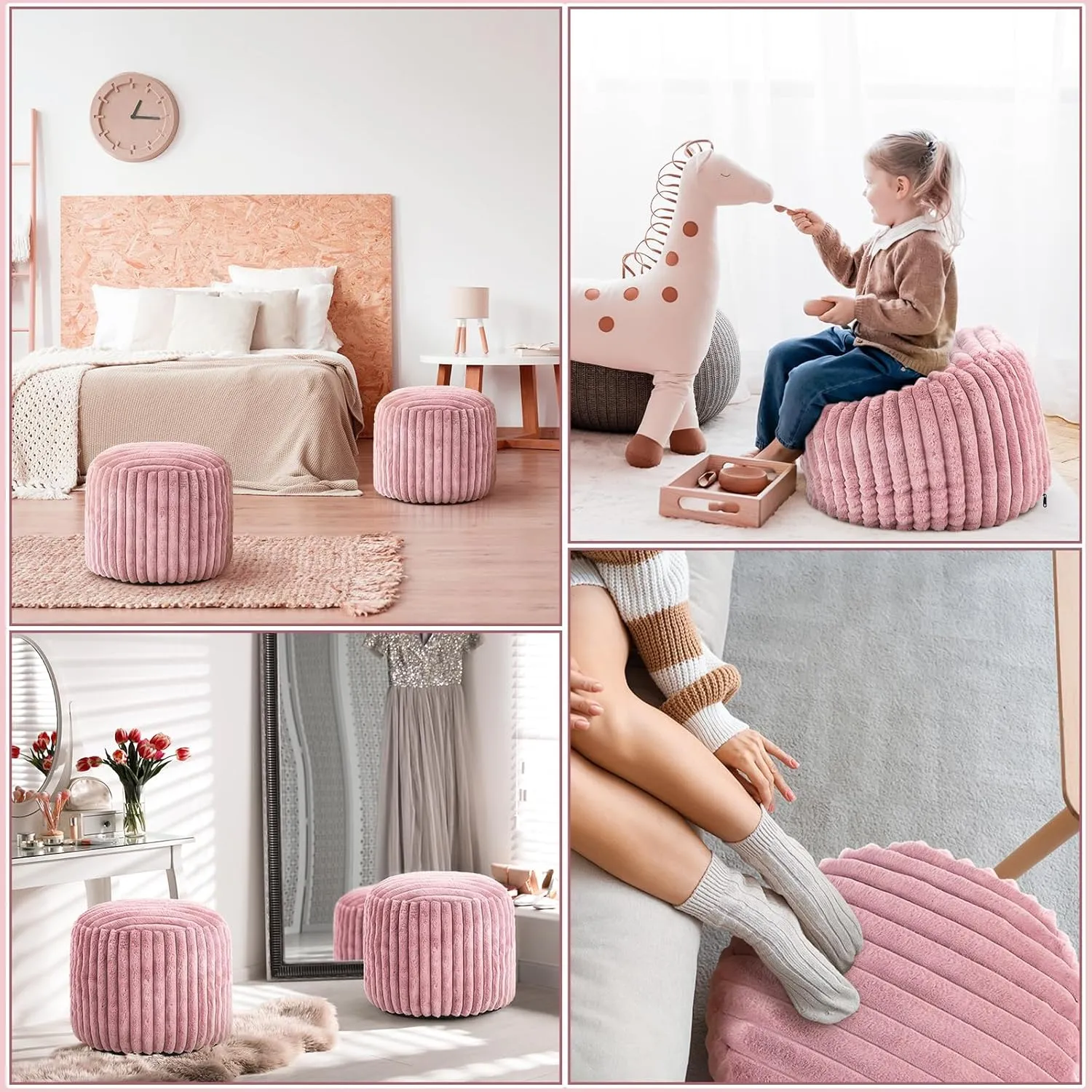 2 Pcs Unstuffed Pouf Cover Ottoman Foot Rest Faux Rabbit Fur Foot Stool Floor Bean Bag Floor Chair Storage for Living Room Bedroom Home Decor, No Filler(Pink,20 x 15 in)