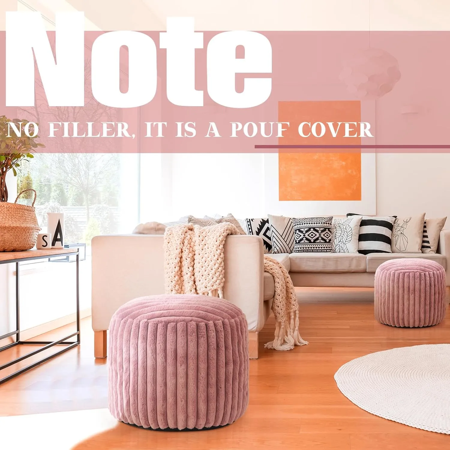 2 Pcs Unstuffed Pouf Cover Ottoman Foot Rest Faux Rabbit Fur Foot Stool Floor Bean Bag Floor Chair Storage for Living Room Bedroom Home Decor, No Filler(Pink,20 x 15 in)