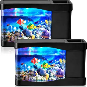 2 Sets Artificial Fish Tank Virtual Ocean Toy in Motion Lamp, Mini Office Desk Aquarium with 6 Moving Swimming Fish 6 Decorative Lamp LED Lights, Mini Tropical Aquarium