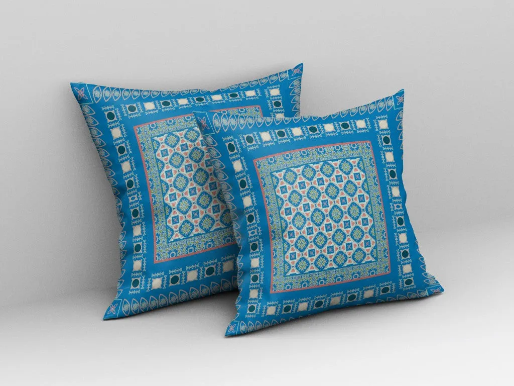 20” Blue Pink Block Indoor Outdoor Zippered Throw Pillow