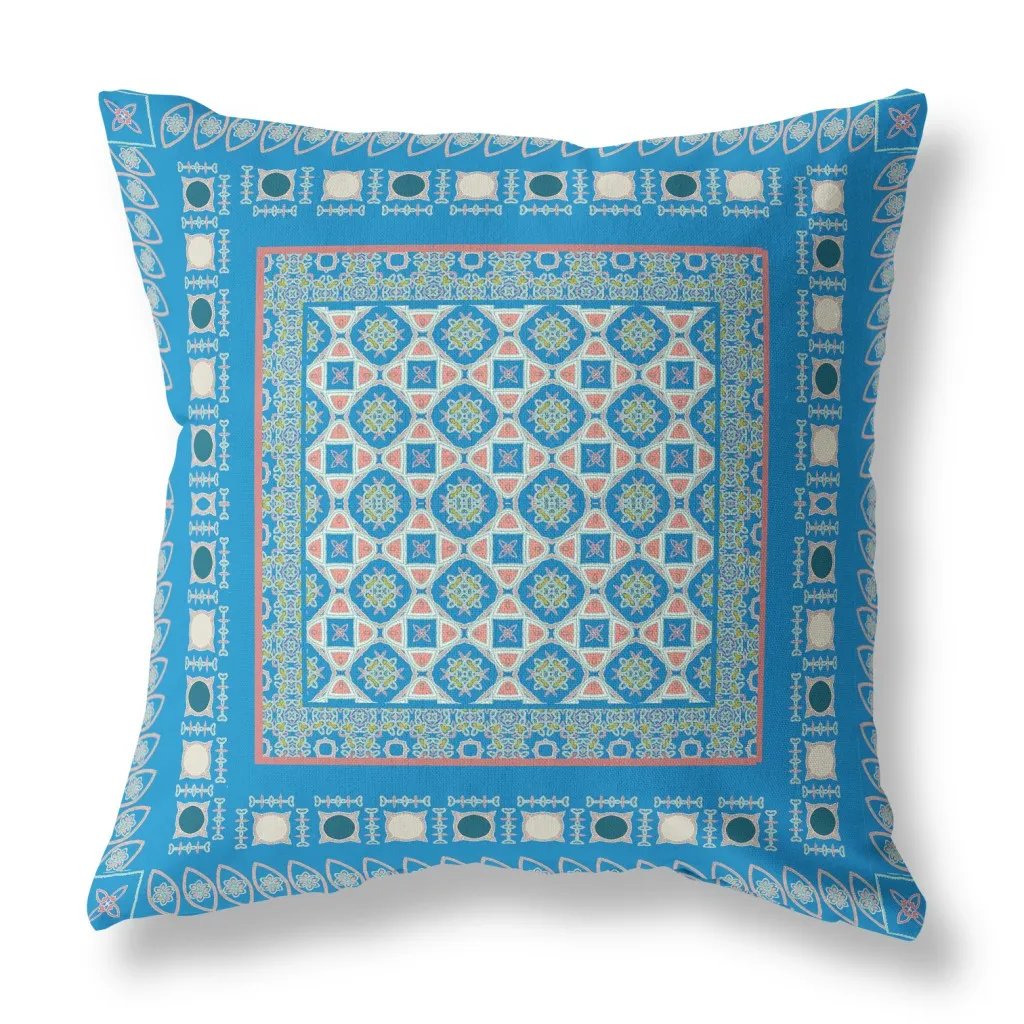 20” Blue Pink Block Indoor Outdoor Zippered Throw Pillow