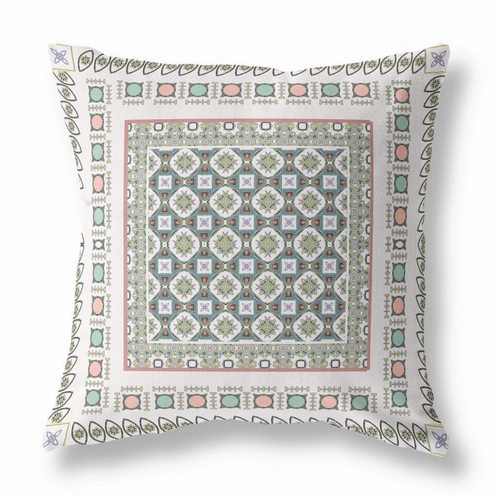 20” White Blue Block Indoor Outdoor Zippered Throw Pillow
