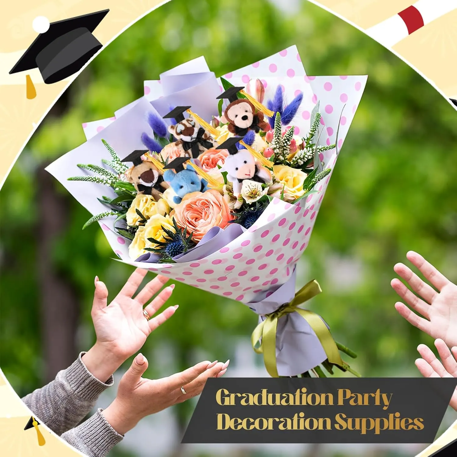 24 Pcs 2025 Graduation Mini Stuffed Animal with Cap Grad Small Plush Animal Toy Keychain Congrats Grad Mini Stuffed Bear Bulk for Class of 2025 Party Decor Goodie Bag Filler School Gift