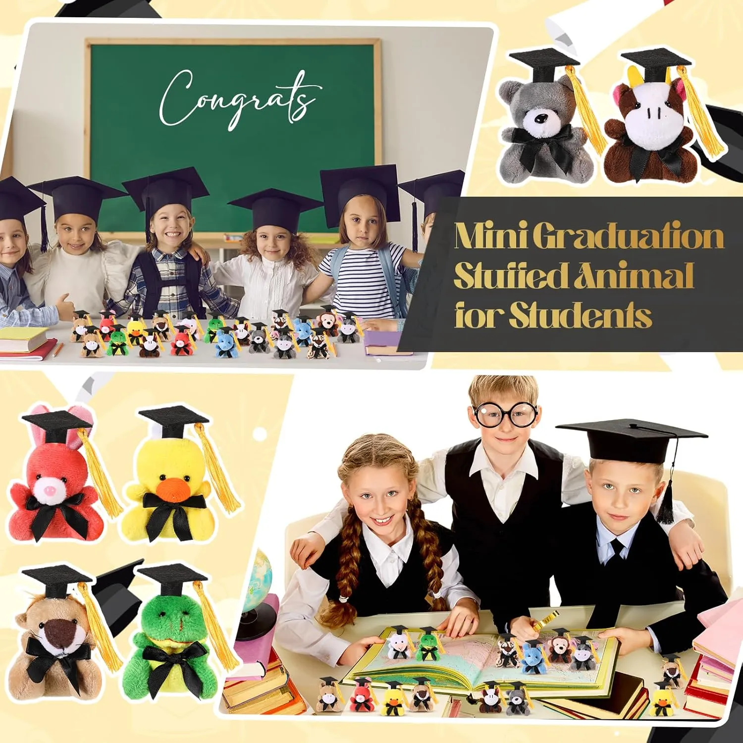 24 Pcs 2025 Graduation Mini Stuffed Animal with Cap Grad Small Plush Animal Toy Keychain Congrats Grad Mini Stuffed Bear Bulk for Class of 2025 Party Decor Goodie Bag Filler School Gift