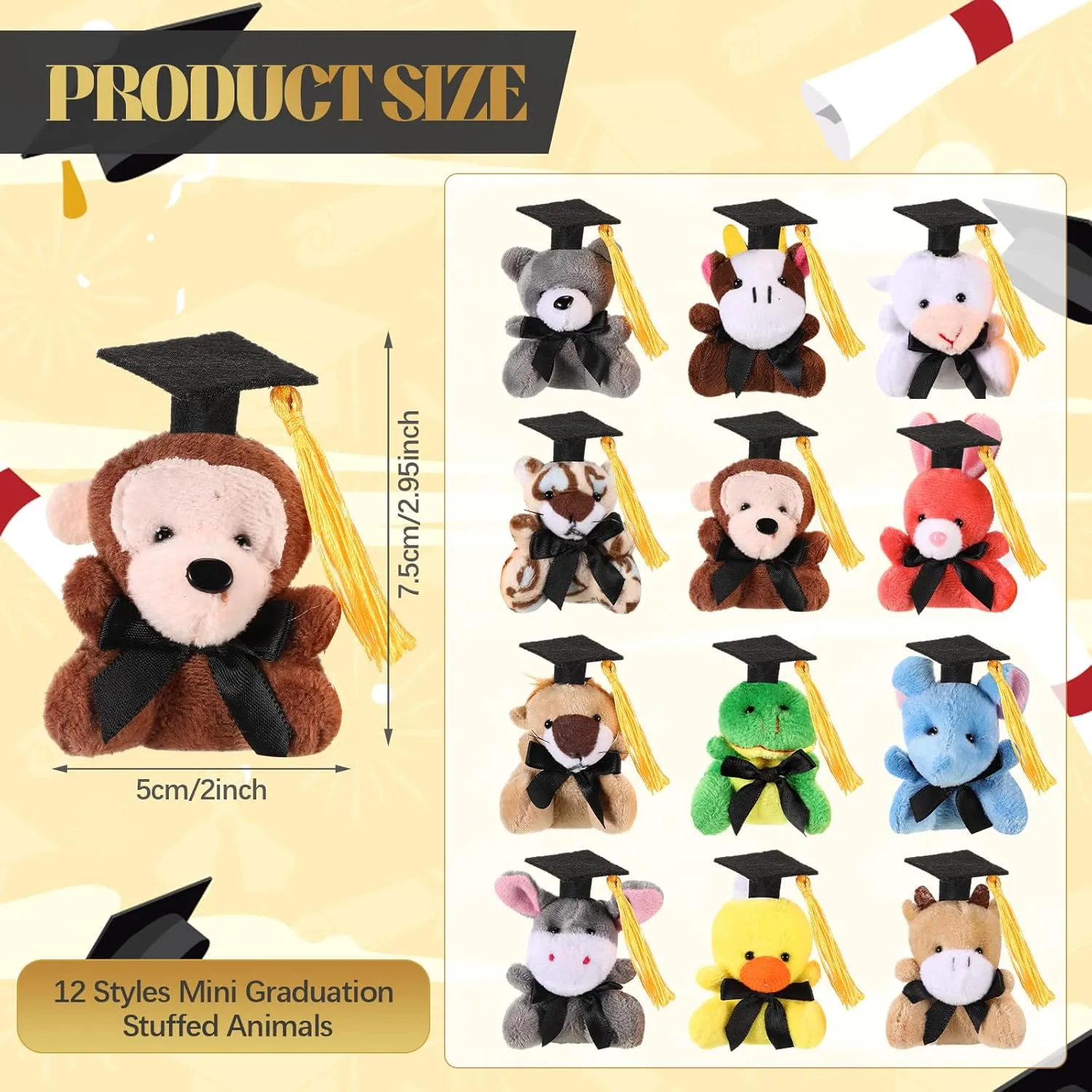 24 Pcs 2025 Graduation Mini Stuffed Animal with Cap Grad Small Plush Animal Toy Keychain Congrats Grad Mini Stuffed Bear Bulk for Class of 2025 Party Decor Goodie Bag Filler School Gift