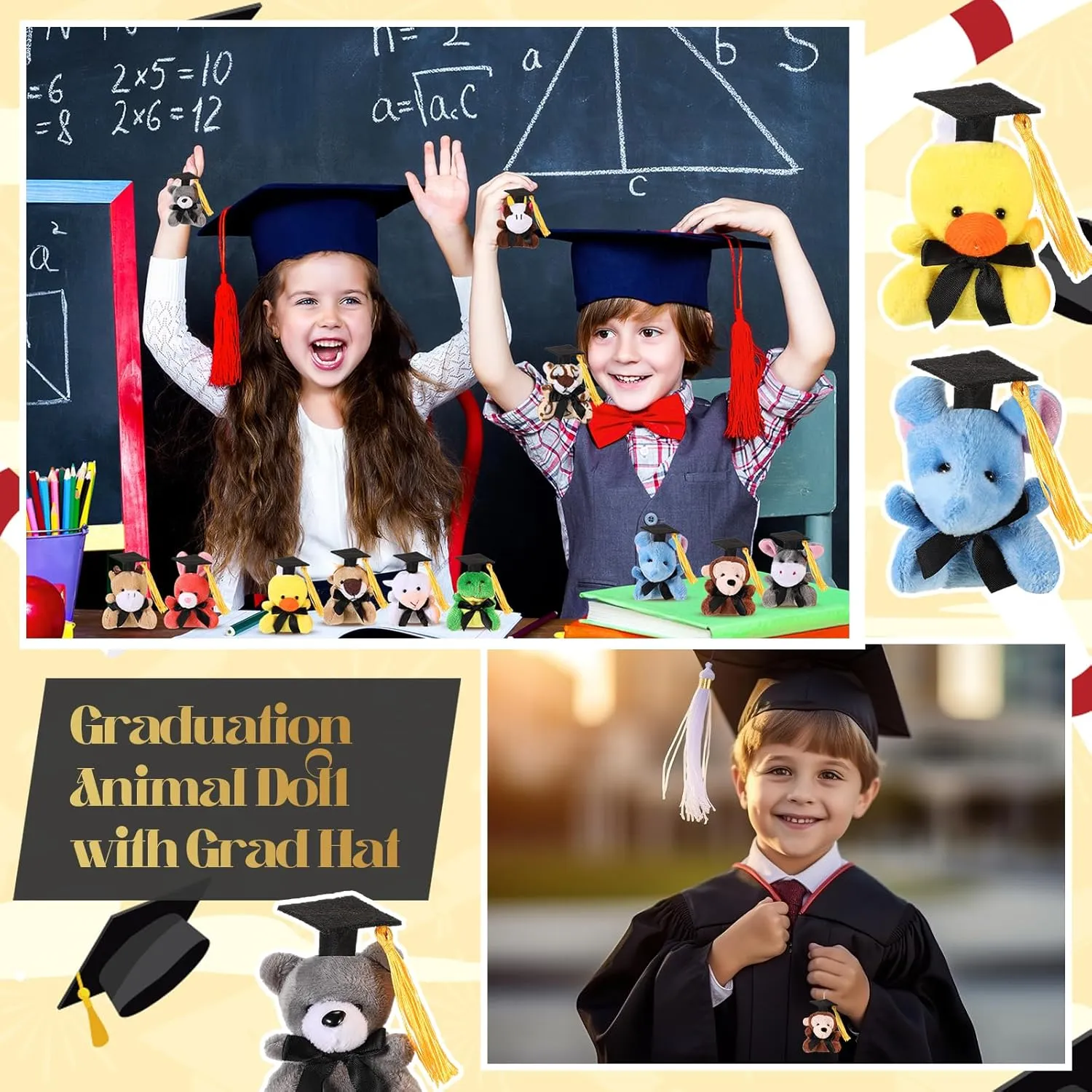24 Pcs 2025 Graduation Mini Stuffed Animal with Cap Grad Small Plush Animal Toy Keychain Congrats Grad Mini Stuffed Bear Bulk for Class of 2025 Party Decor Goodie Bag Filler School Gift