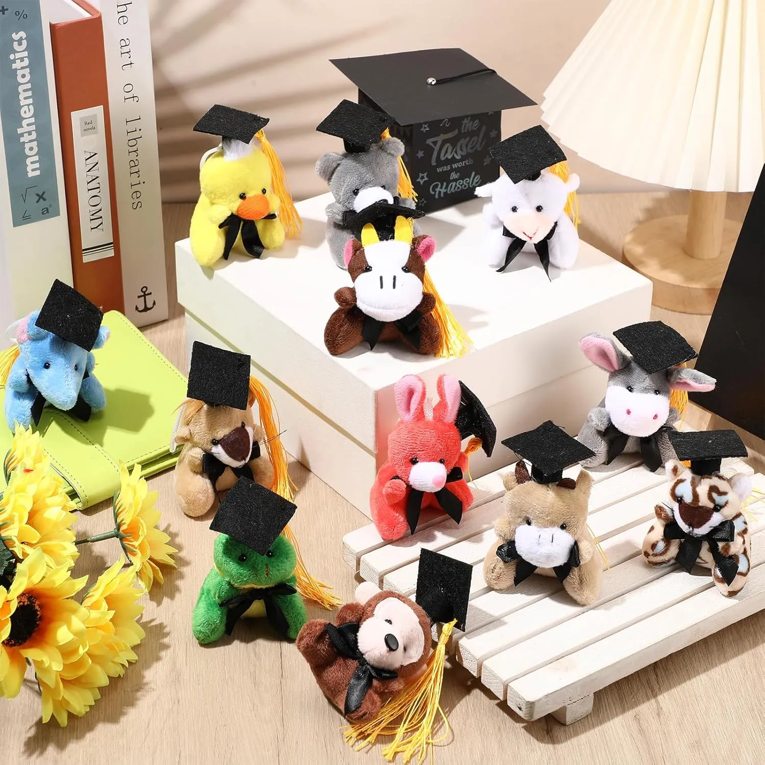 24 Pcs 2025 Graduation Mini Stuffed Animal with Cap Grad Small Plush Animal Toy Keychain Congrats Grad Mini Stuffed Bear Bulk for Class of 2025 Party Decor Goodie Bag Filler School Gift